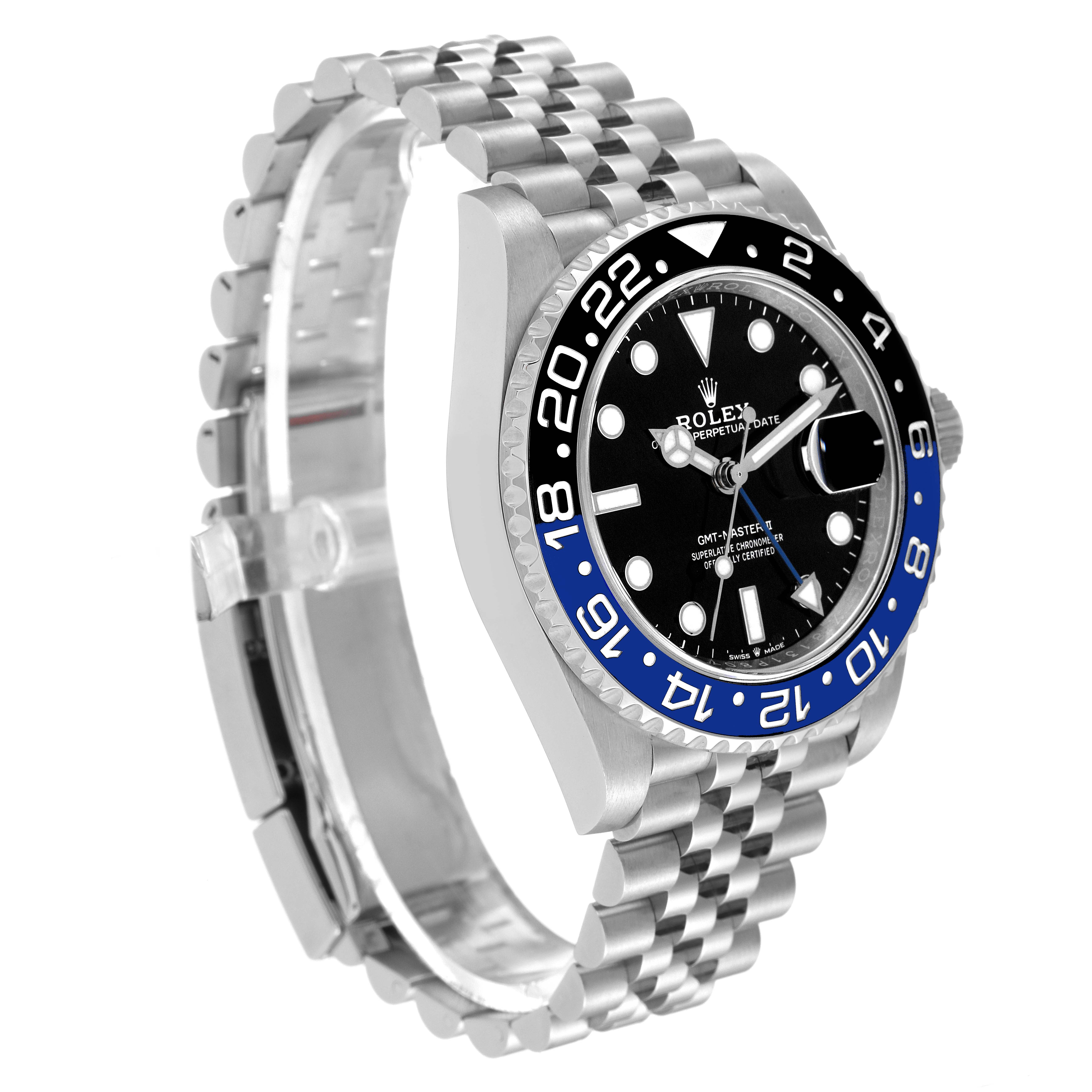 The Rolex GMT-Master 126710 Men
s Stainless Steel Black Dial 126710 Men
s Stainless Steel Black Dial is shown at a three-quarter angle, displaying the bezel, dial, and Jubilee bracelet.