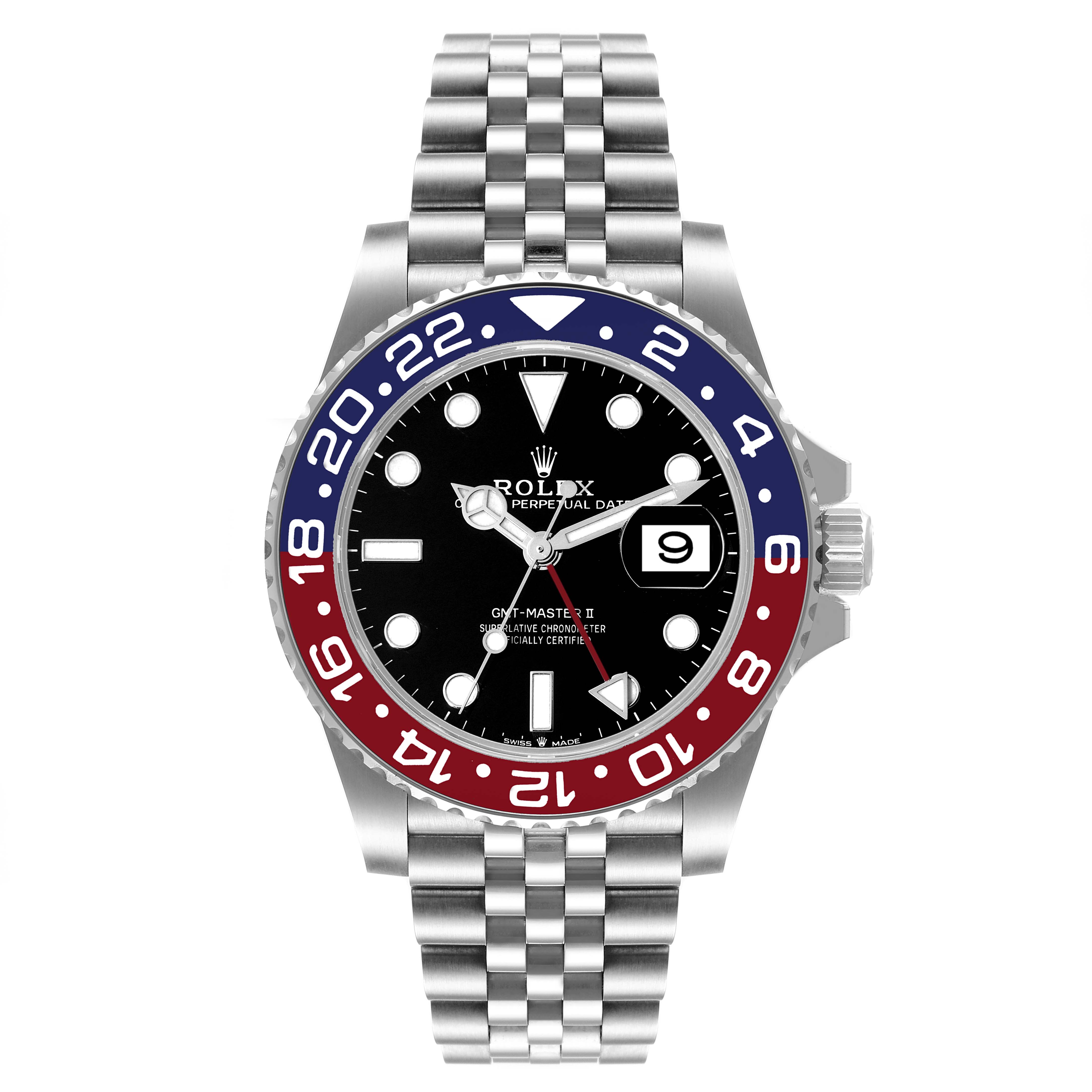 The Rolex GMT-Master 126710 Men
s Stainless Steel Black Dial 126710 Men
s Stainless Steel Black Dial watch is shown from the front, displaying its bezel, face, and part of the bracelet.