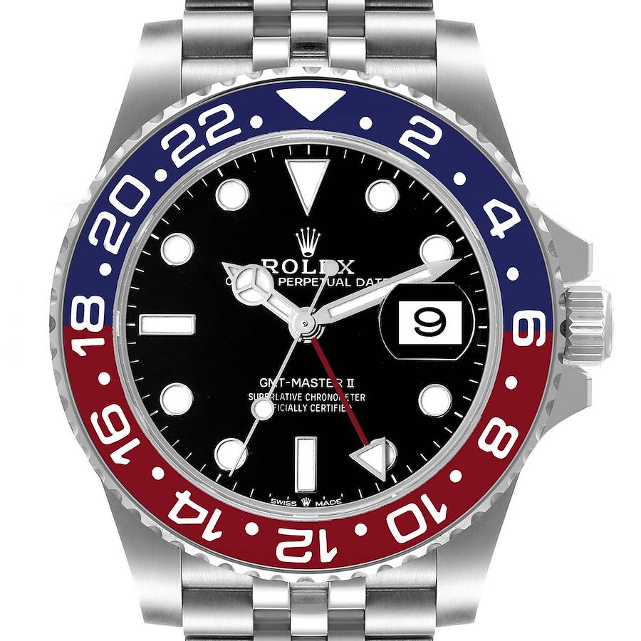 The Rolex GMT-Master watch is shown from a front angle, highlighting the bezel, face, and part of the bracelet.