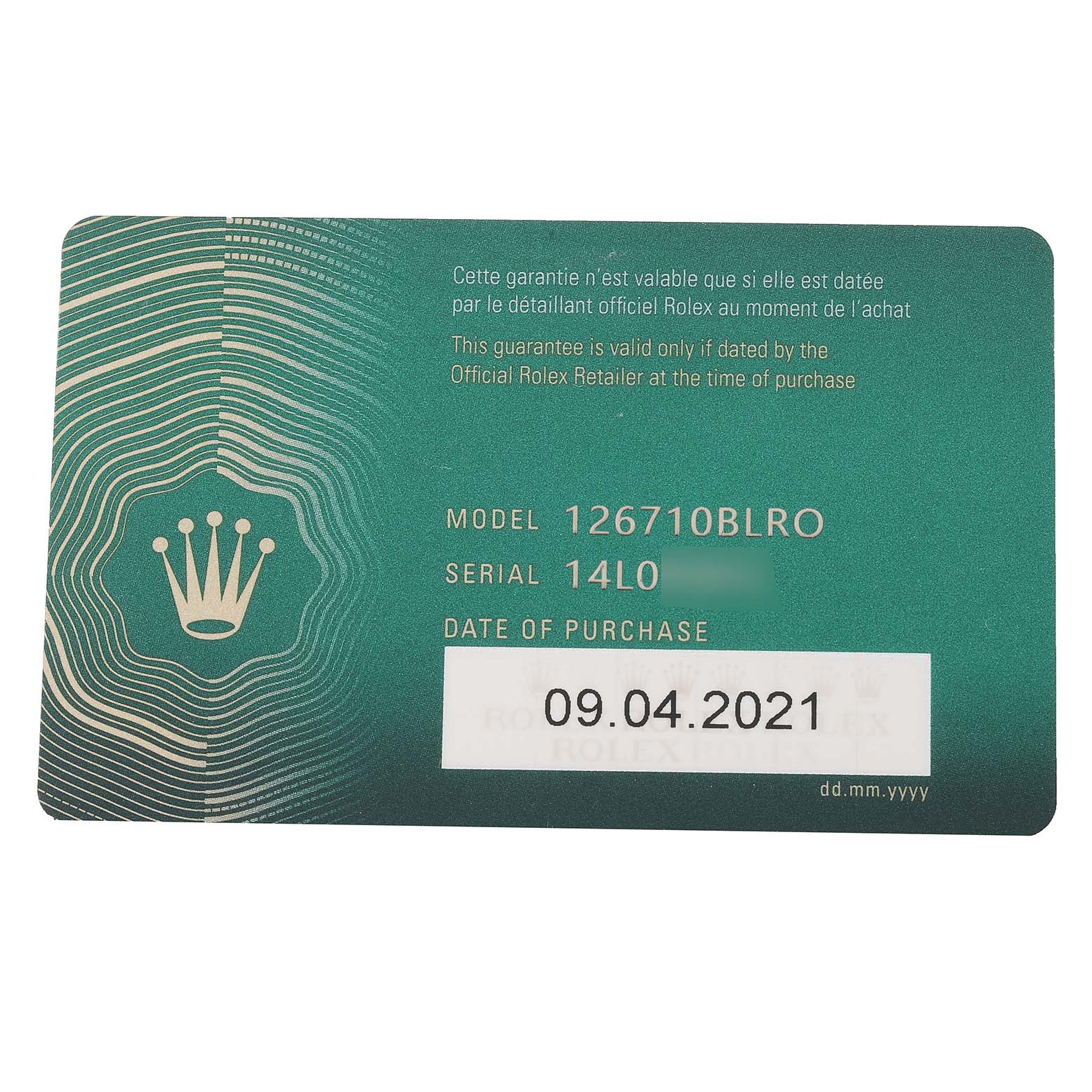 This image shows a guarantee card for the Rolex GMT-Master 126710 Men
s Stainless Steel Black Dial 126710 Men
s Stainless Steel Black Dial model 126710BLRO.