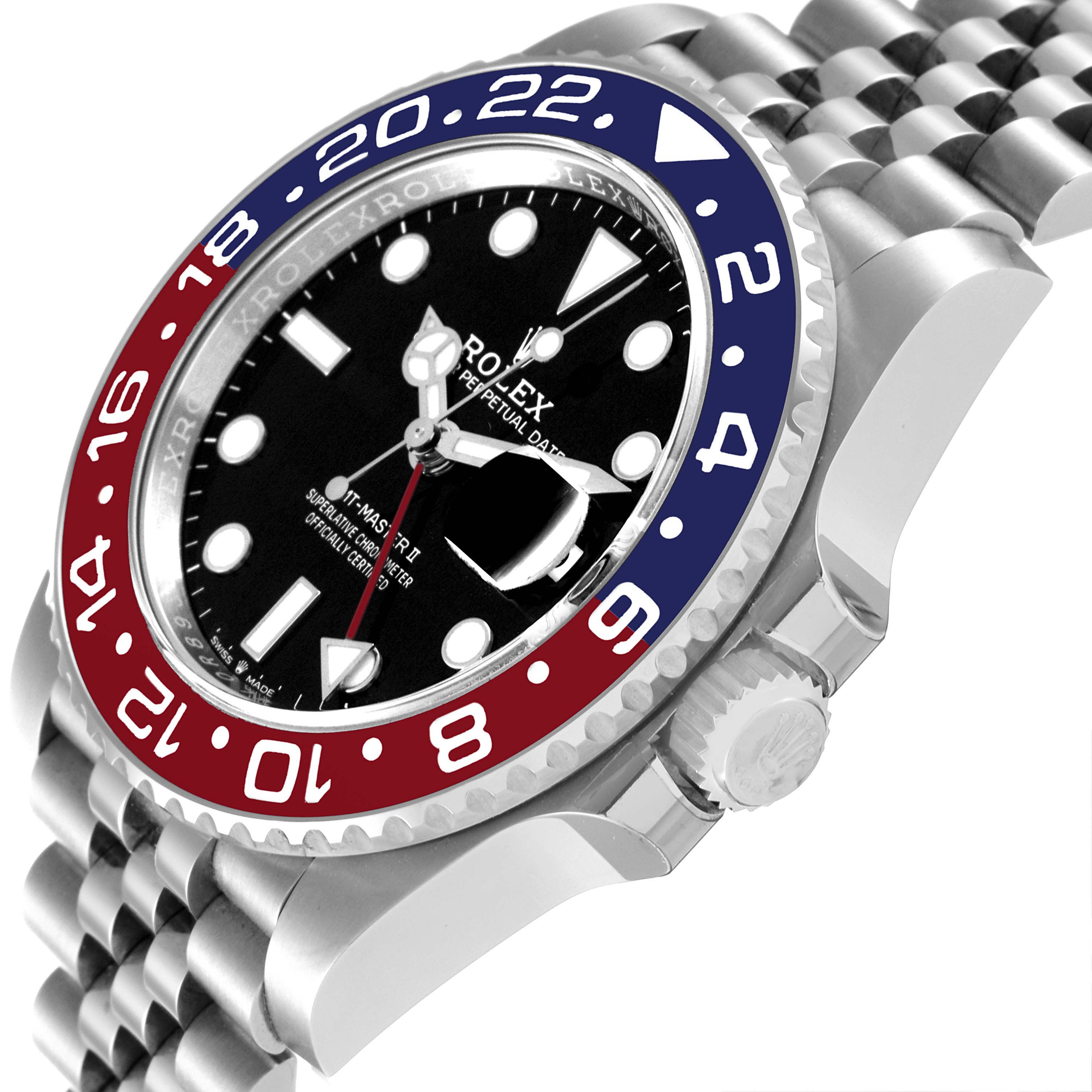 The Rolex GMT-Master 126710 Men
s Stainless Steel Black Dial 126710 Men
s Stainless Steel Black Dial model is shown at an angled side view highlighting the rotating bezel, dial, and bracelet.