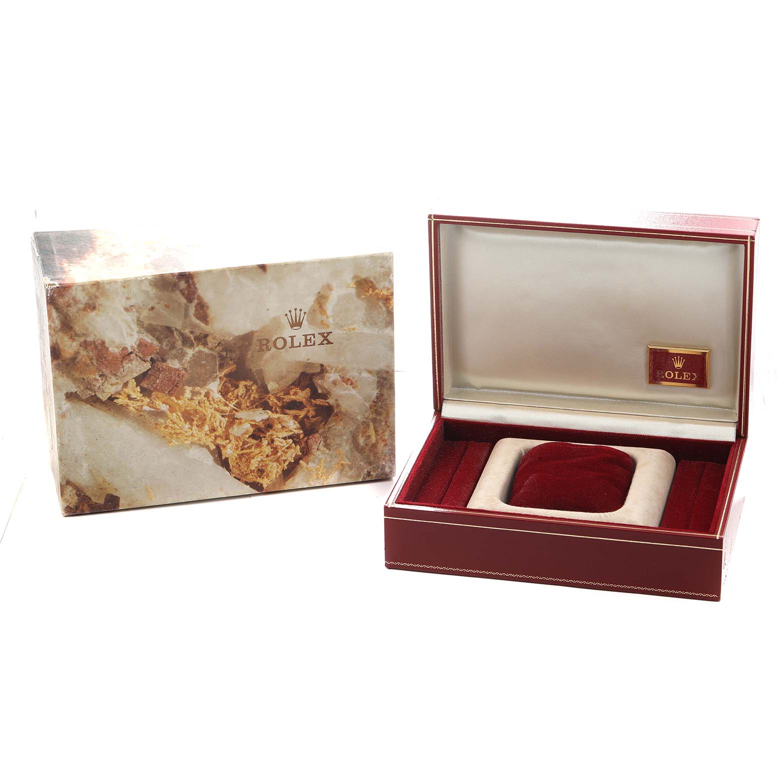 The image shows a Rolex GMT-Master 16718 Men's Yellow Gold Brown Dial watch box and packaging, viewed from the front, displaying the inner cushion and logo.