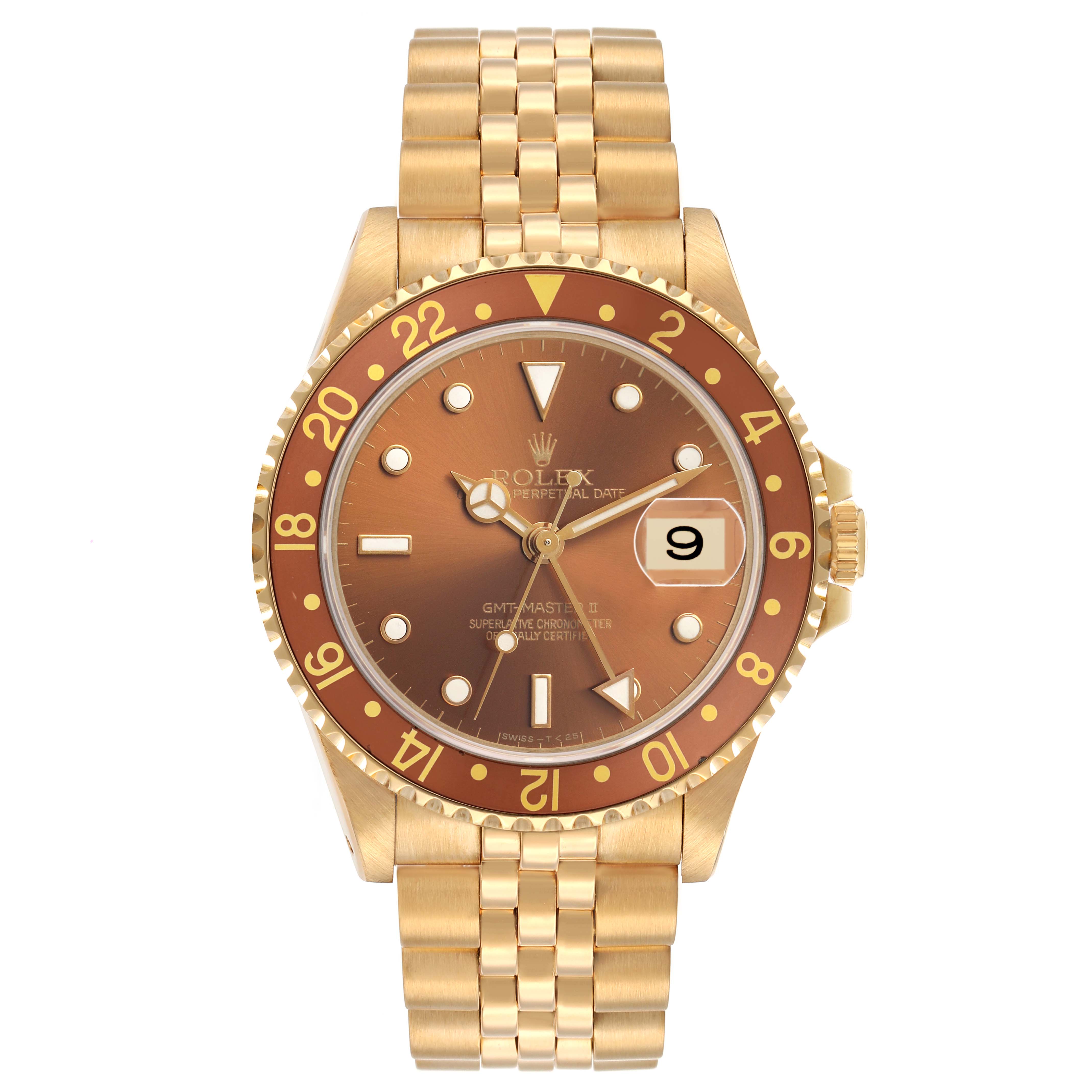 The Rolex GMT-Master 16718 Men's Yellow Gold Brown Dial watch is shown from a top-down angle, displaying its dial, bezel, and bracelet.