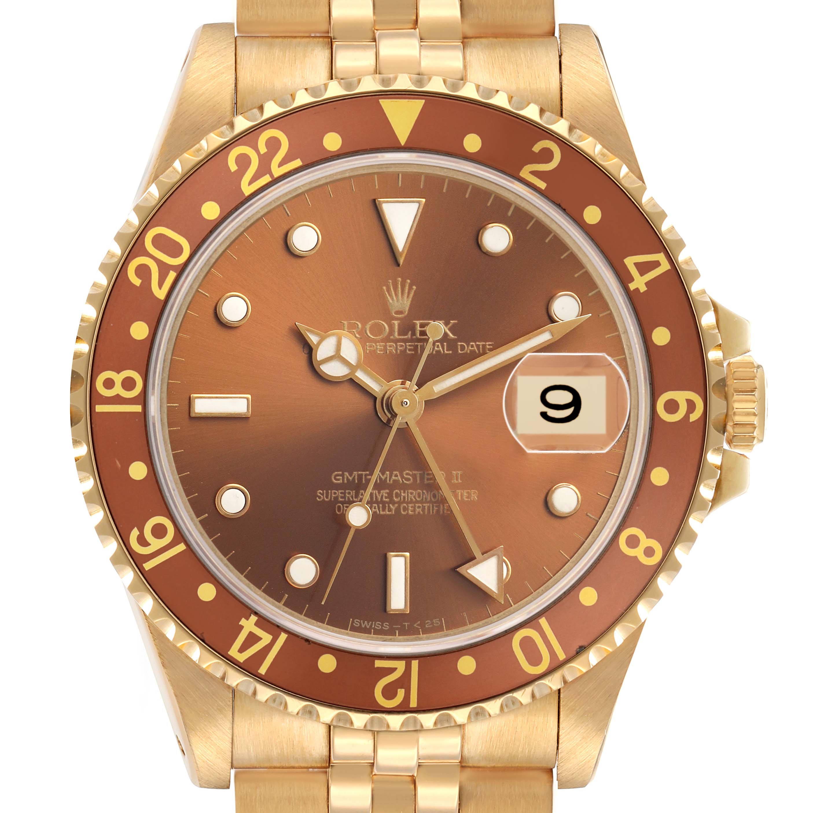 The image shows a front view of a Rolex GMT-Master 16718 Men's Yellow Gold Brown Dial II watch, highlighting the brown dial, bezel, and bracelet.