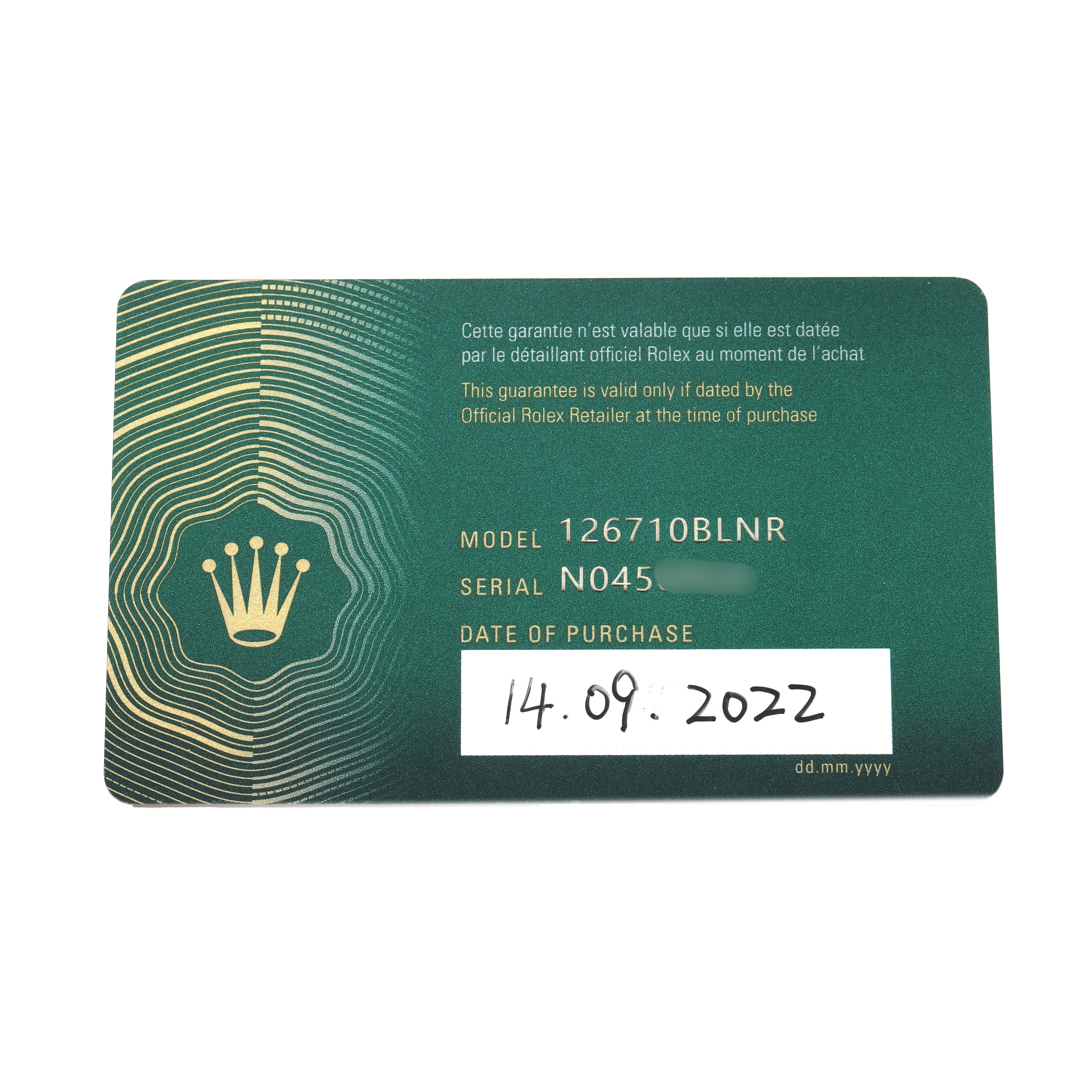 This is an image of a warranty card for the Rolex GMT-Master 126710 Men's Stainless Steel Black Dial model 126710BLNR.