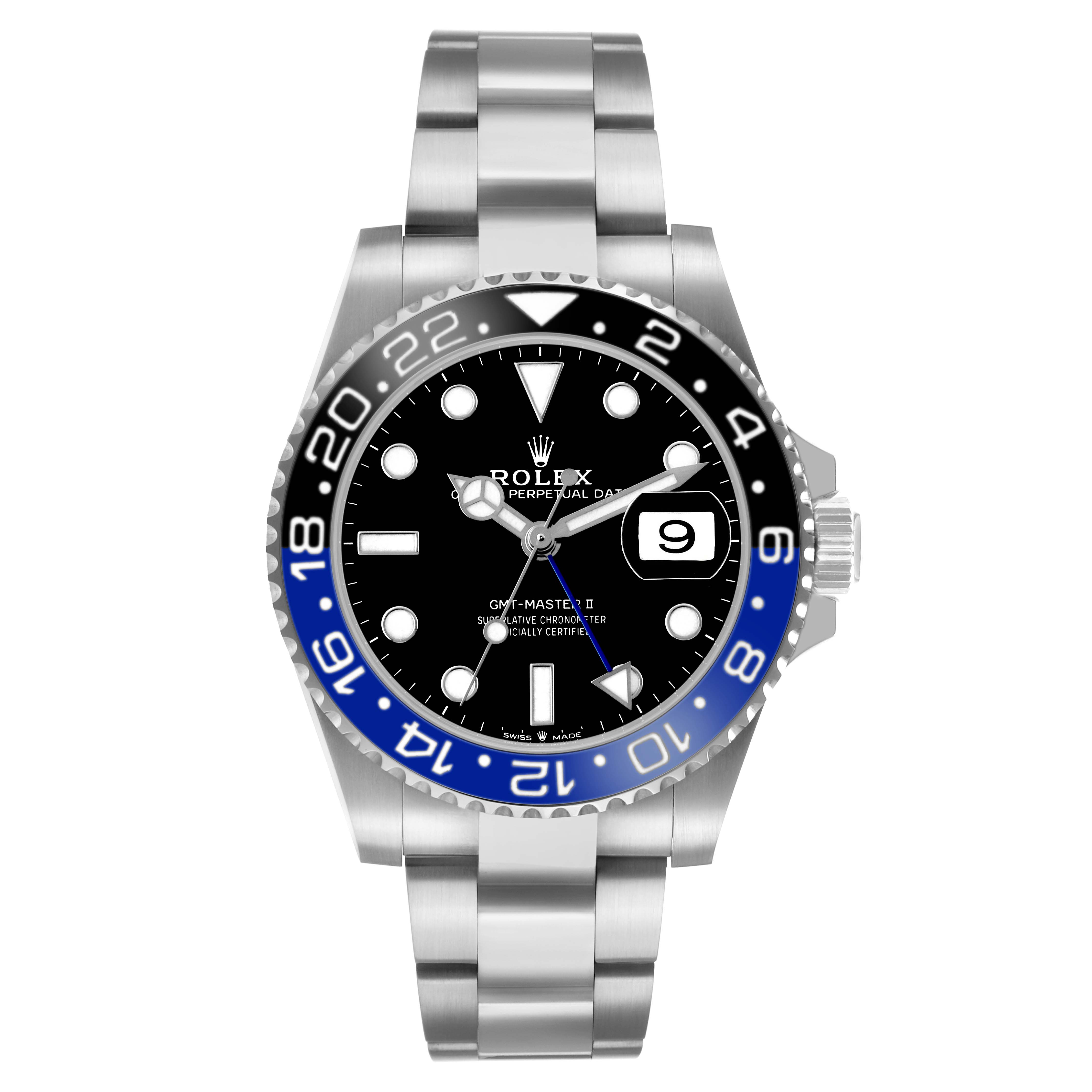 The Rolex GMT-Master 126710 Men's Stainless Steel Black Dial model watch is shown from the front, displaying the dial, bezel, and bracelet.