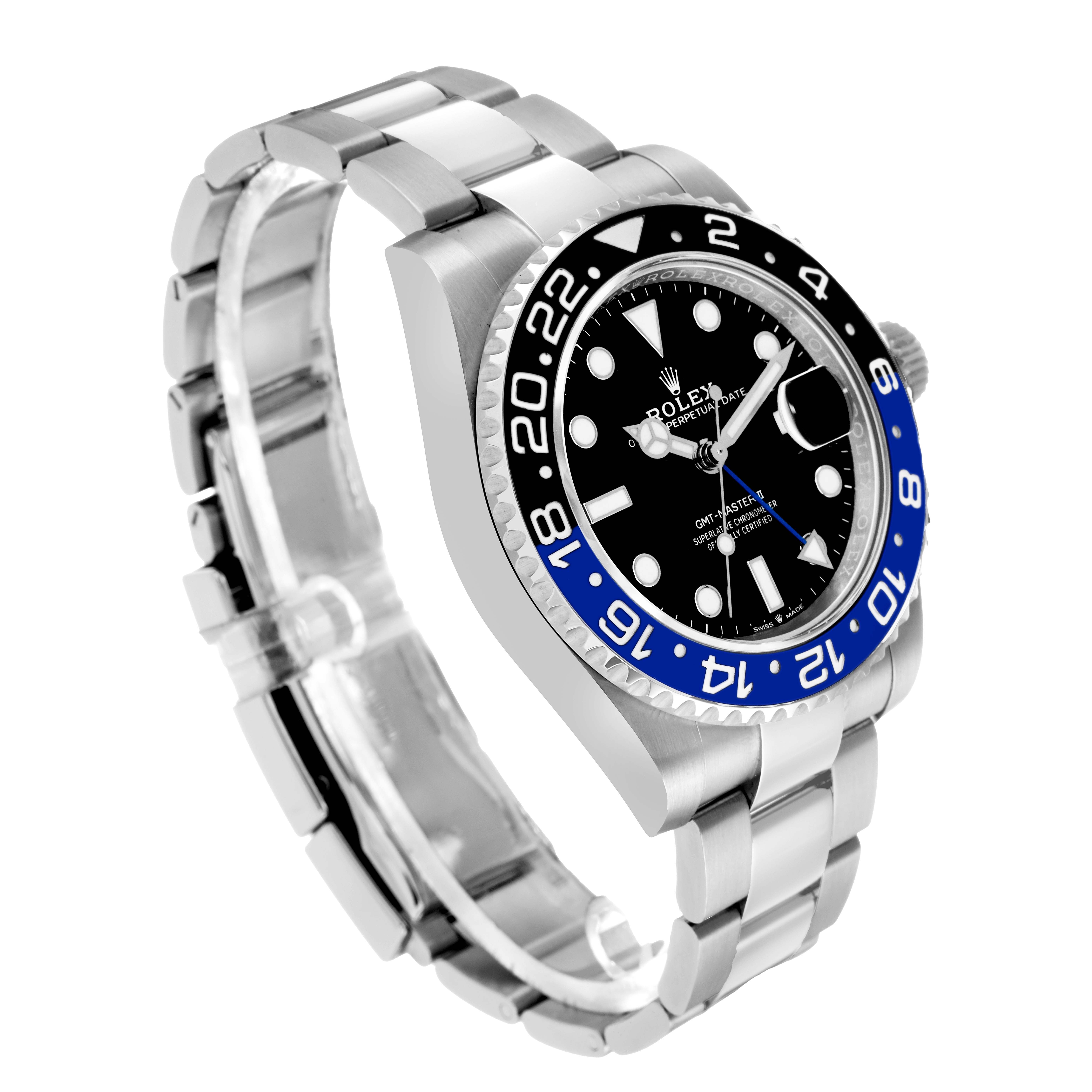 The Rolex GMT-Master 126710 Men's Stainless Steel Black Dial watch is angled to show the face, bezel, and steel bracelet clearly.