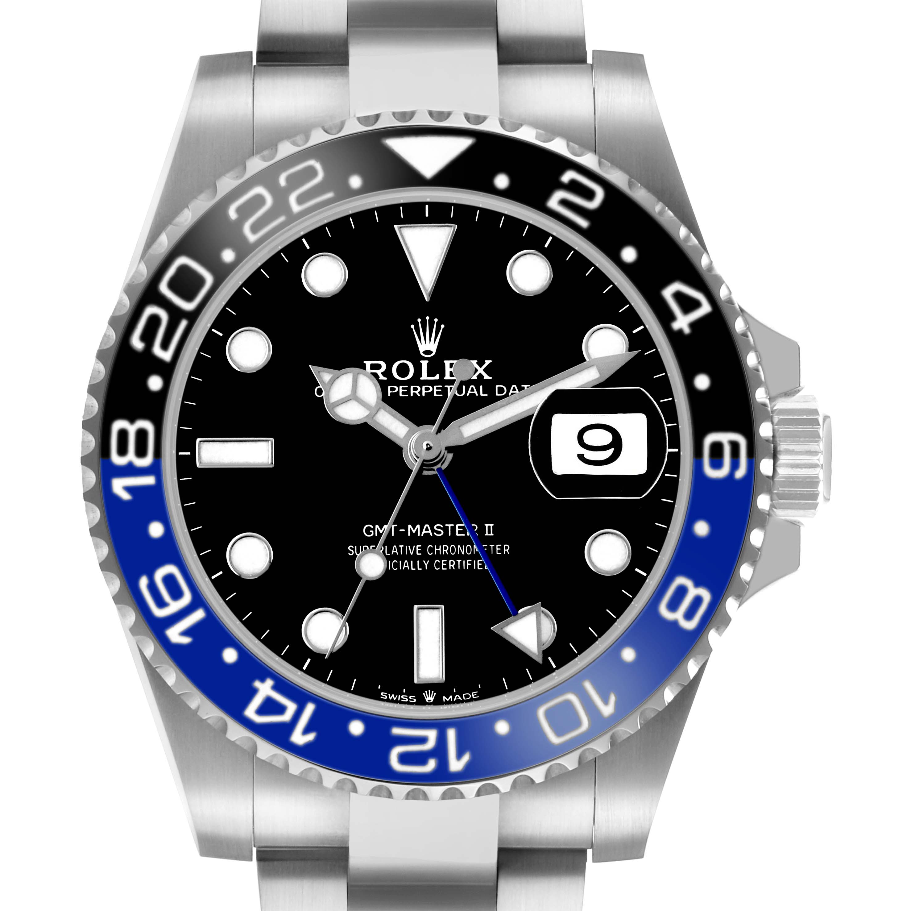 The Rolex GMT-Master 126710 Men's Stainless Steel Black Dial II watch is shown from a frontal angle, displaying its bezel, dial, hands, and date feature.