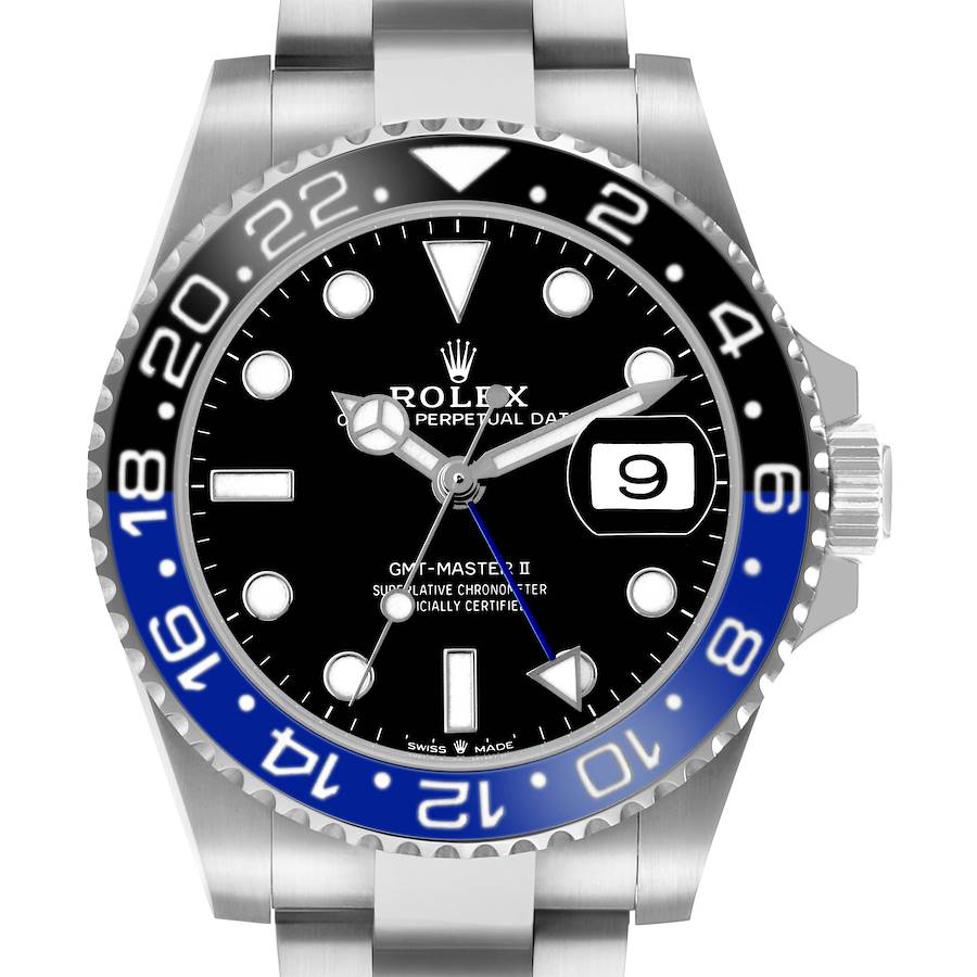 The Rolex GMT-Master 126710 Men's Stainless Steel Black Dial II watch is shown from a frontal angle, displaying its bezel, dial, hands, and date feature.
