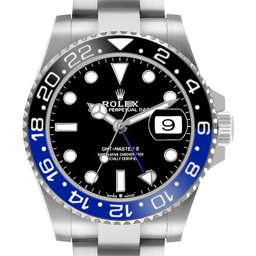 The image shows a front view of a Rolex GMT-Master 126710 Men's Stainless Steel Black Dial II, highlighting the bezel, dial, and crown.