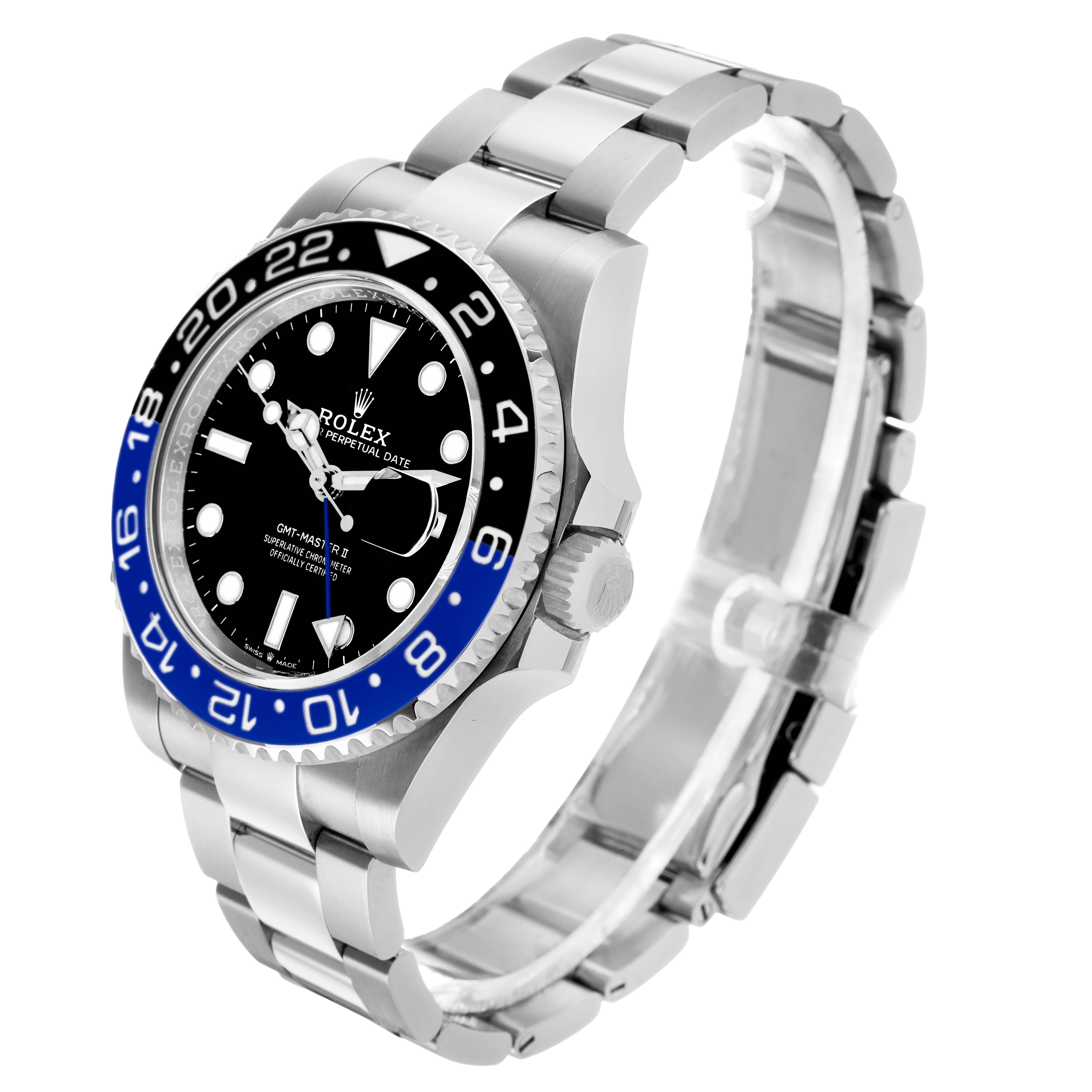 The Rolex GMT-Master 126710 Men's Stainless Steel Black Dial watch is shown at a three-quarter angle, highlighting the bezel, crown, and bracelet.