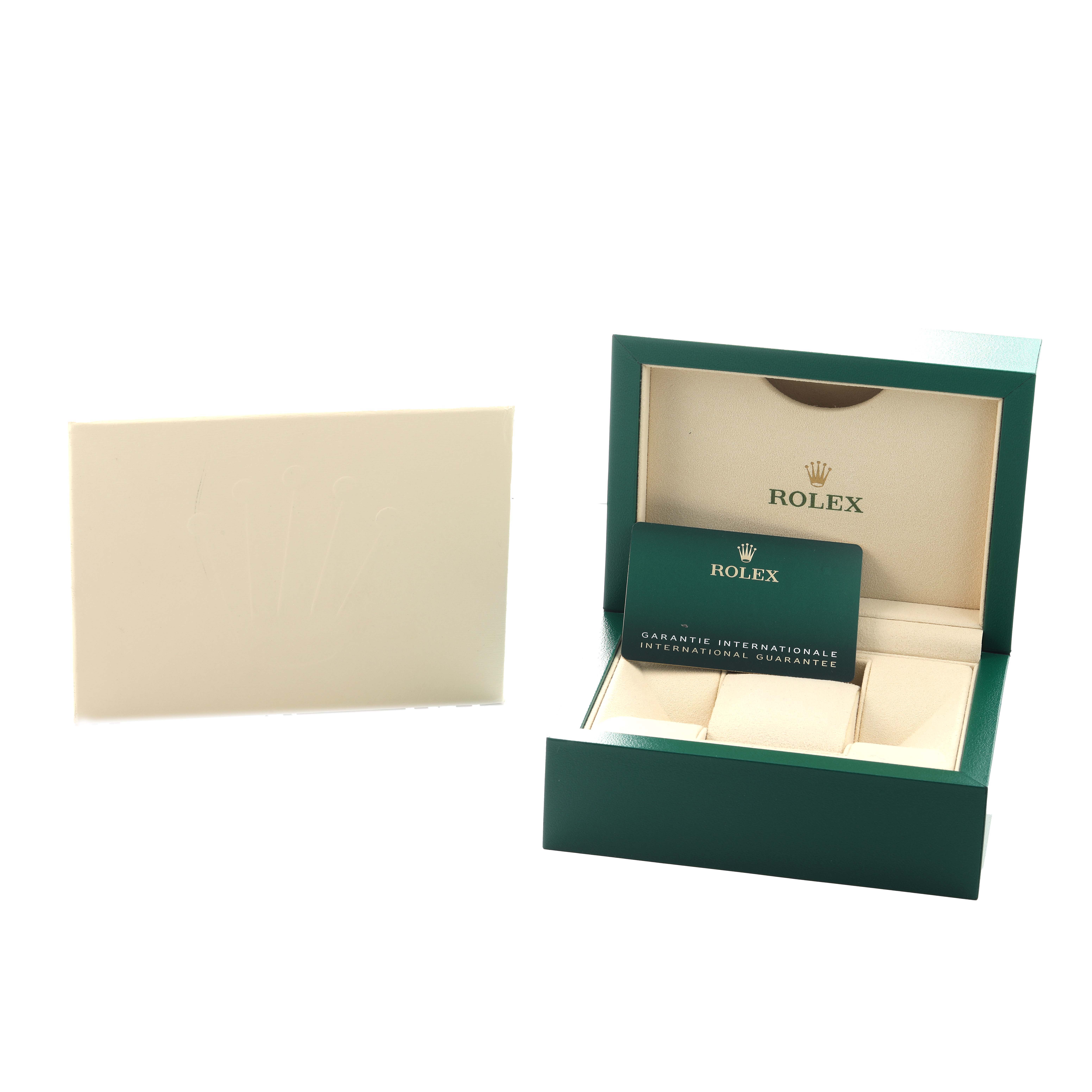 The image shows an open Rolex GMT-Master 126710 Men's Stainless Steel Black Dial watch box with warranty card and outer box from a front angle.