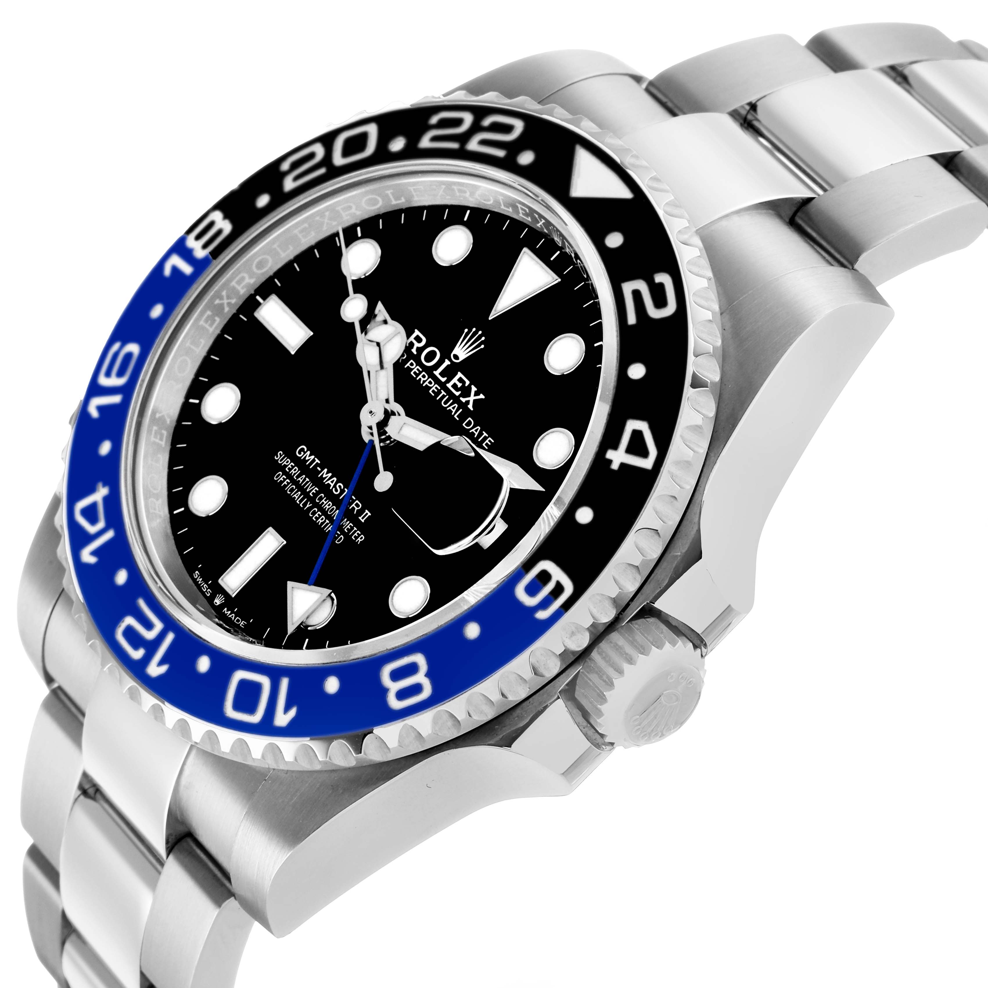 The Rolex GMT-Master 126710 Men's Stainless Steel Black Dial model is shown at an angled side view, highlighting the bezel, dial, crown, and bracelet links.