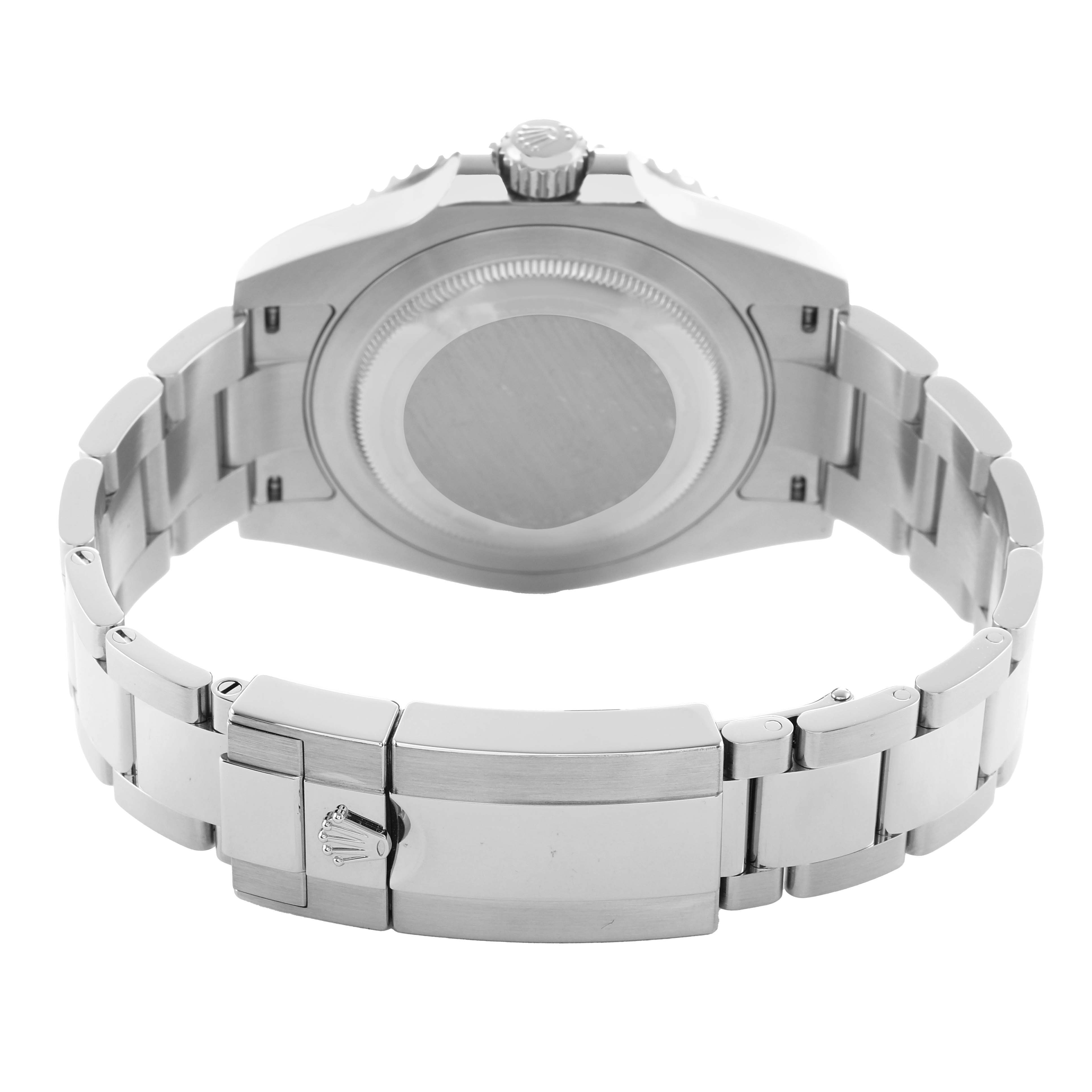 The image shows the backside of a Rolex GMT-Master 126710 Men's Stainless Steel Black Dial watch, highlighting the case back and clasp of the bracelet.