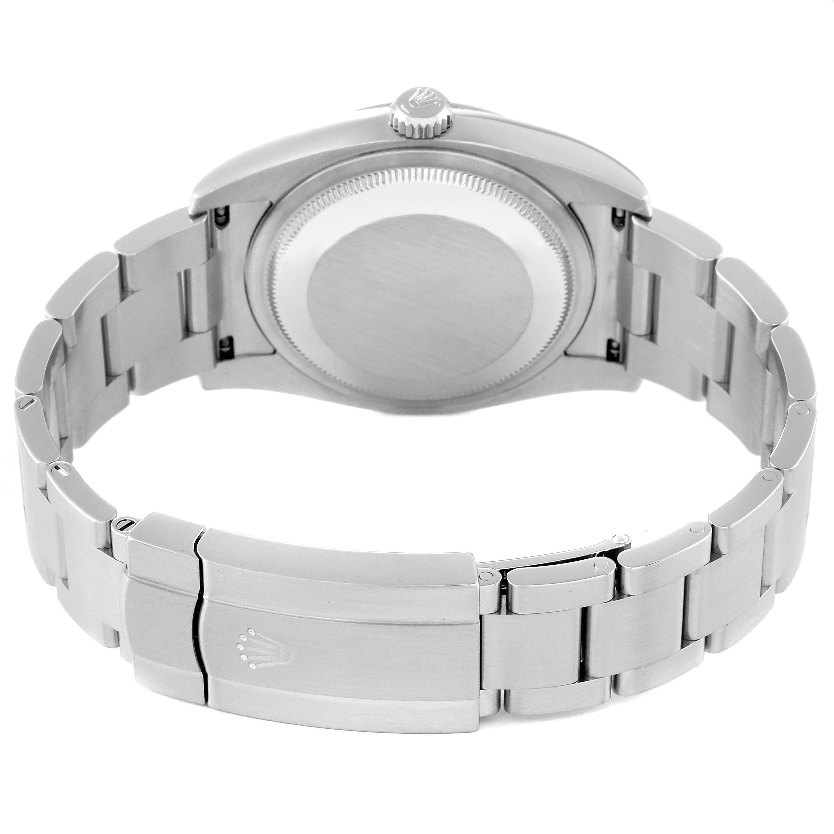 The image shows the backside and bracelet of the Rolex Oyster Perpetual 116000 Men's Stainless Steel Silver Dial 116000 Men's Stainless Steel Silver Dial watch.