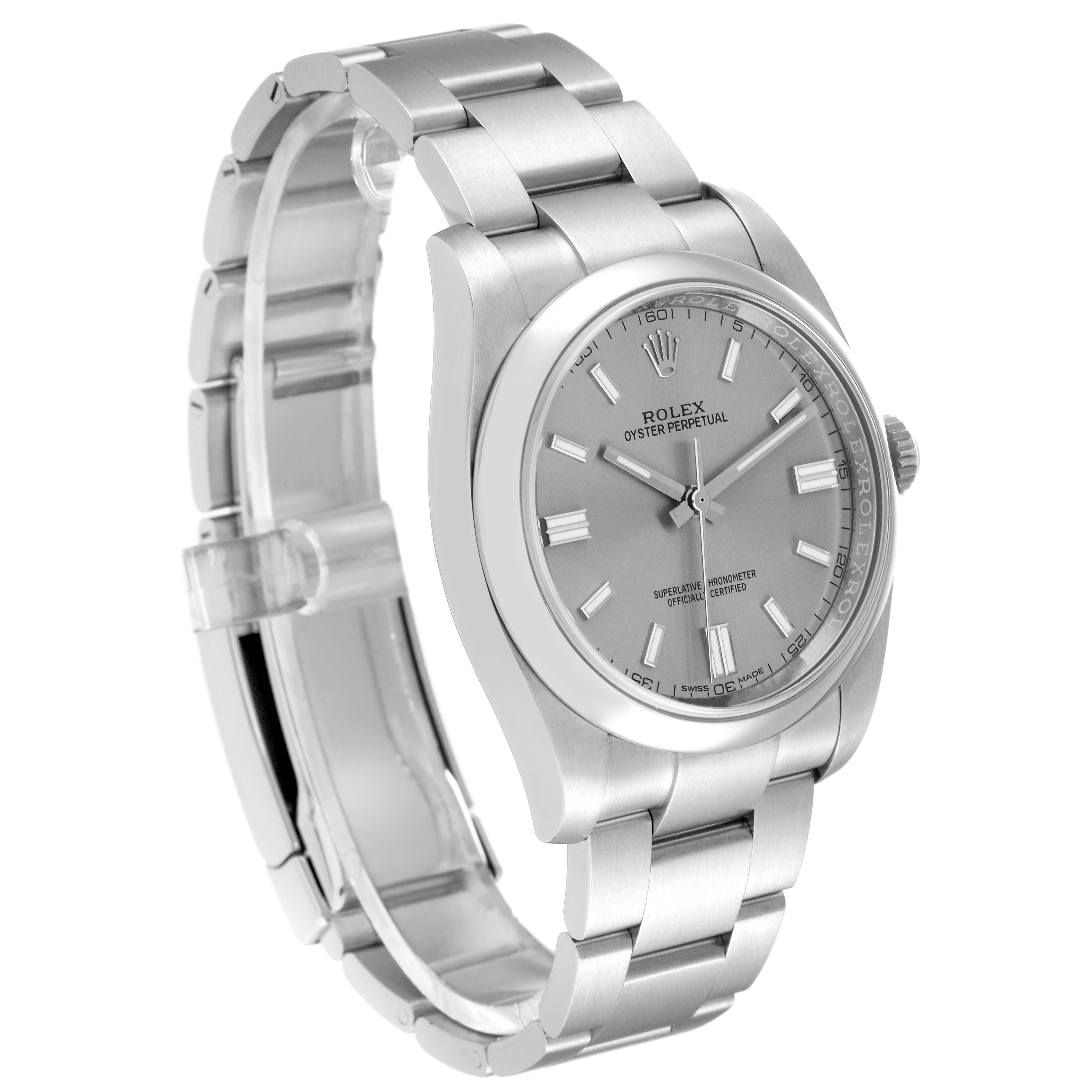 The image shows a Rolex Oyster Perpetual 116000 Men's Stainless Steel Silver Dial 116000 Men's Stainless Steel Silver Dial watch from a front-side angle, highlighting the face, case, and bracelet.
