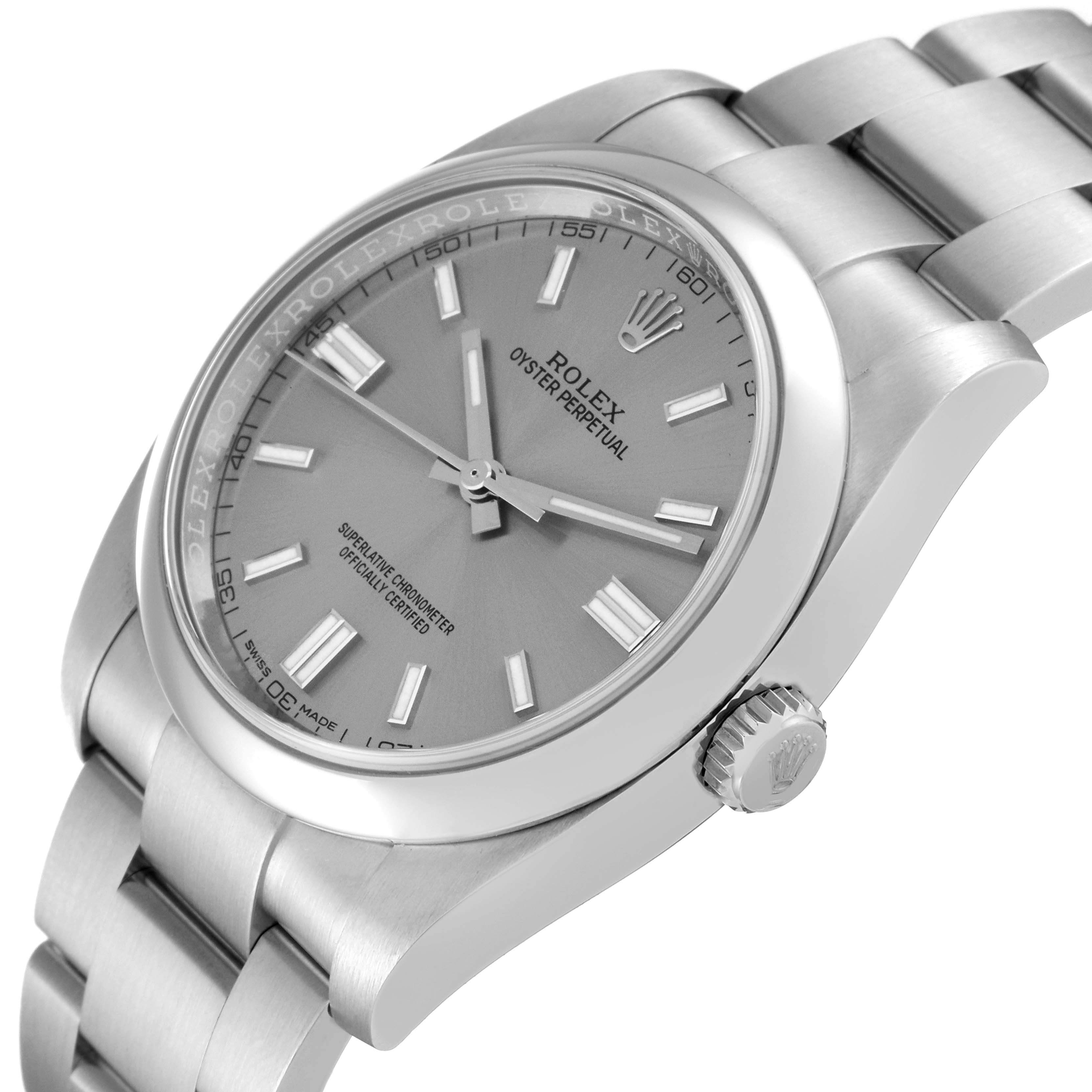 The image shows a close-up, angled view of the Rolex Oyster Perpetual 116000 Men's Stainless Steel Silver Dial 116000 Men's Stainless Steel Silver Dial watch, highlighting the dial, bezel, and bracelet.