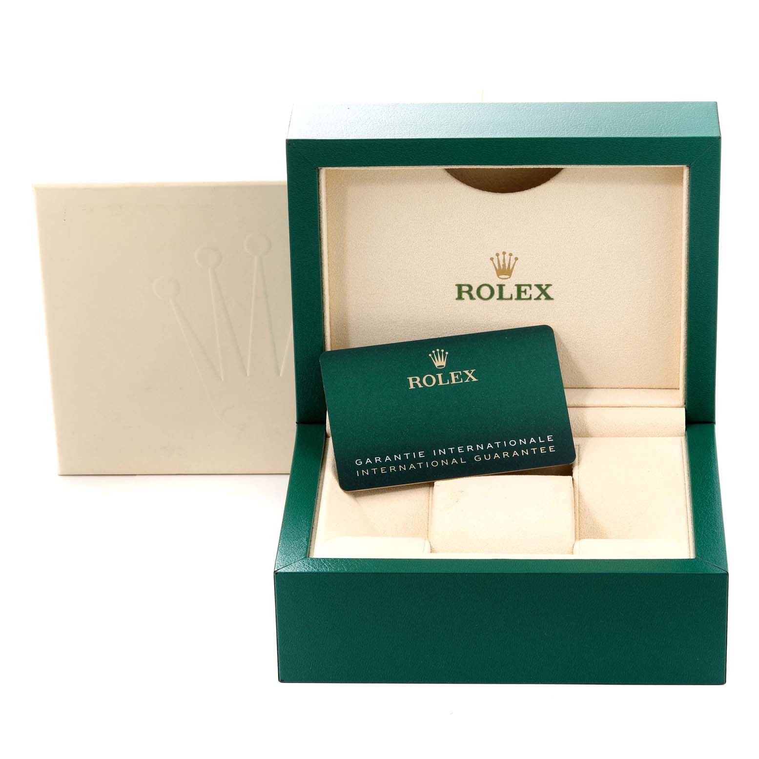 The image shows the open box and international guarantee card for a Rolex Mid-Size 277200 Women's Stainless Steel Blue Dial 277200 Women's Stainless Steel Blue Dial model watch.