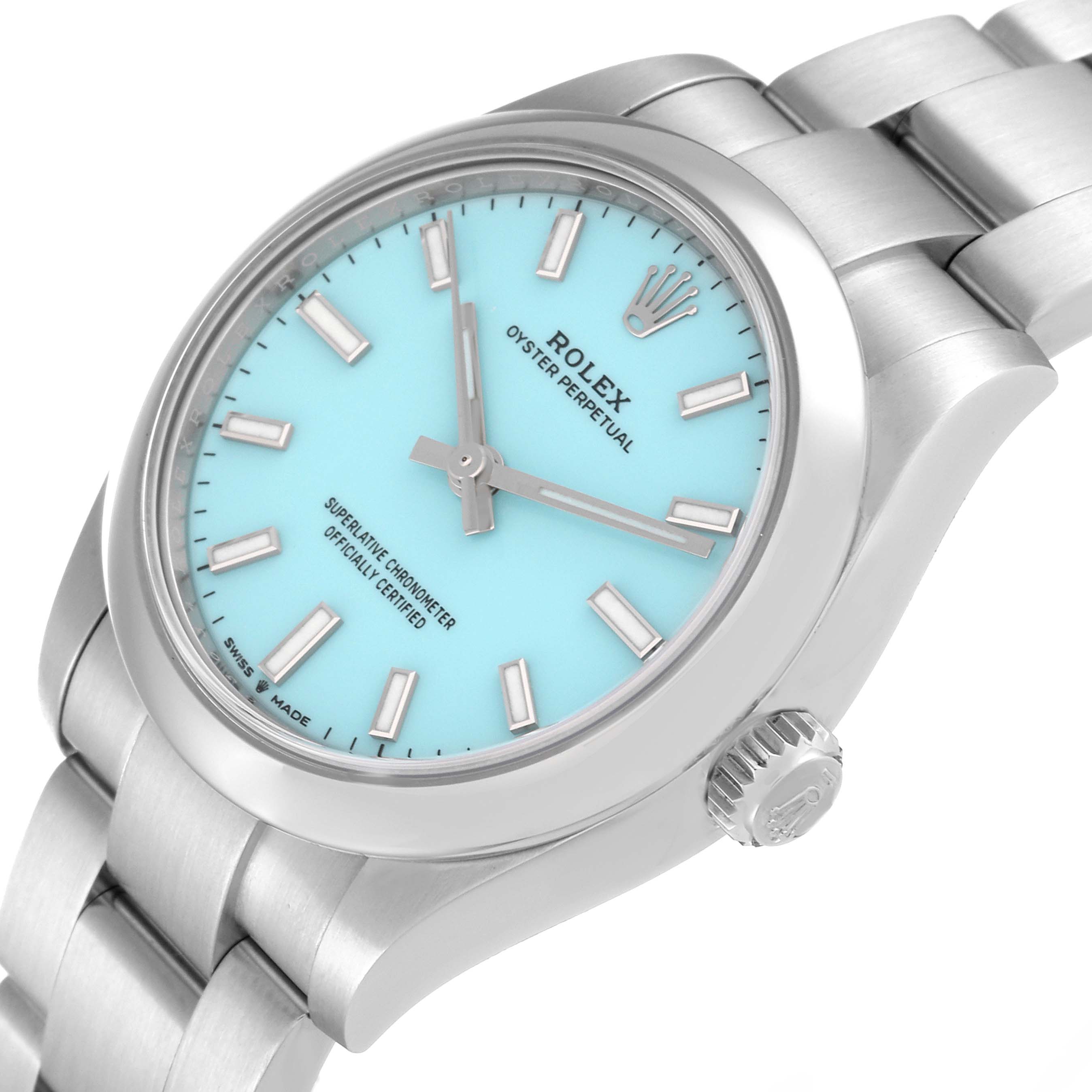 This image shows a Rolex Oyster Perpetual Mid-Size watch at a front angle, highlighting the dial, crown, and part of the bracelet.