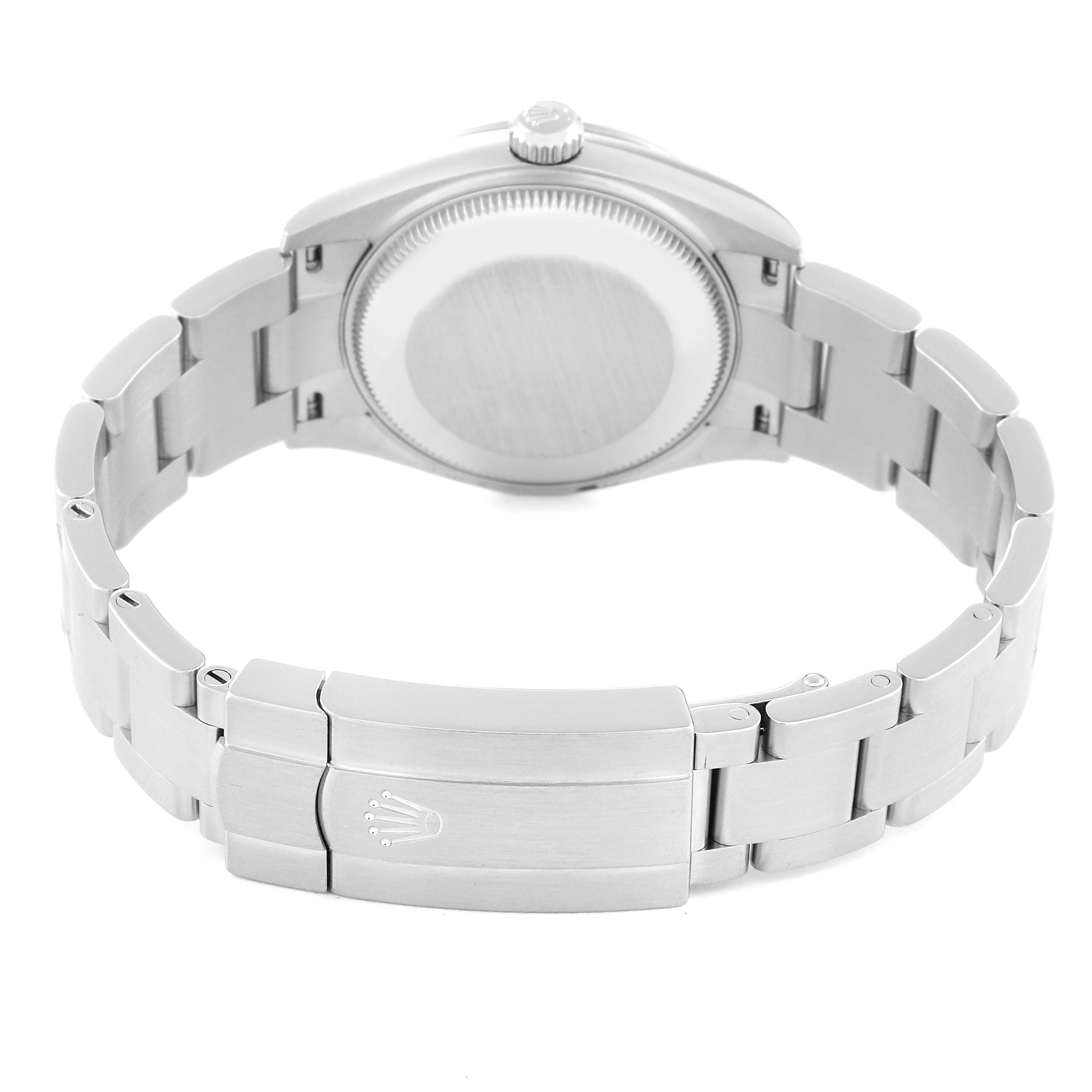 The image shows the back case, bracelet, and clasp of a Rolex Mid-Size 277200 Women's Stainless Steel Blue Dial 277200 Women's Stainless Steel Blue Dial model watch.