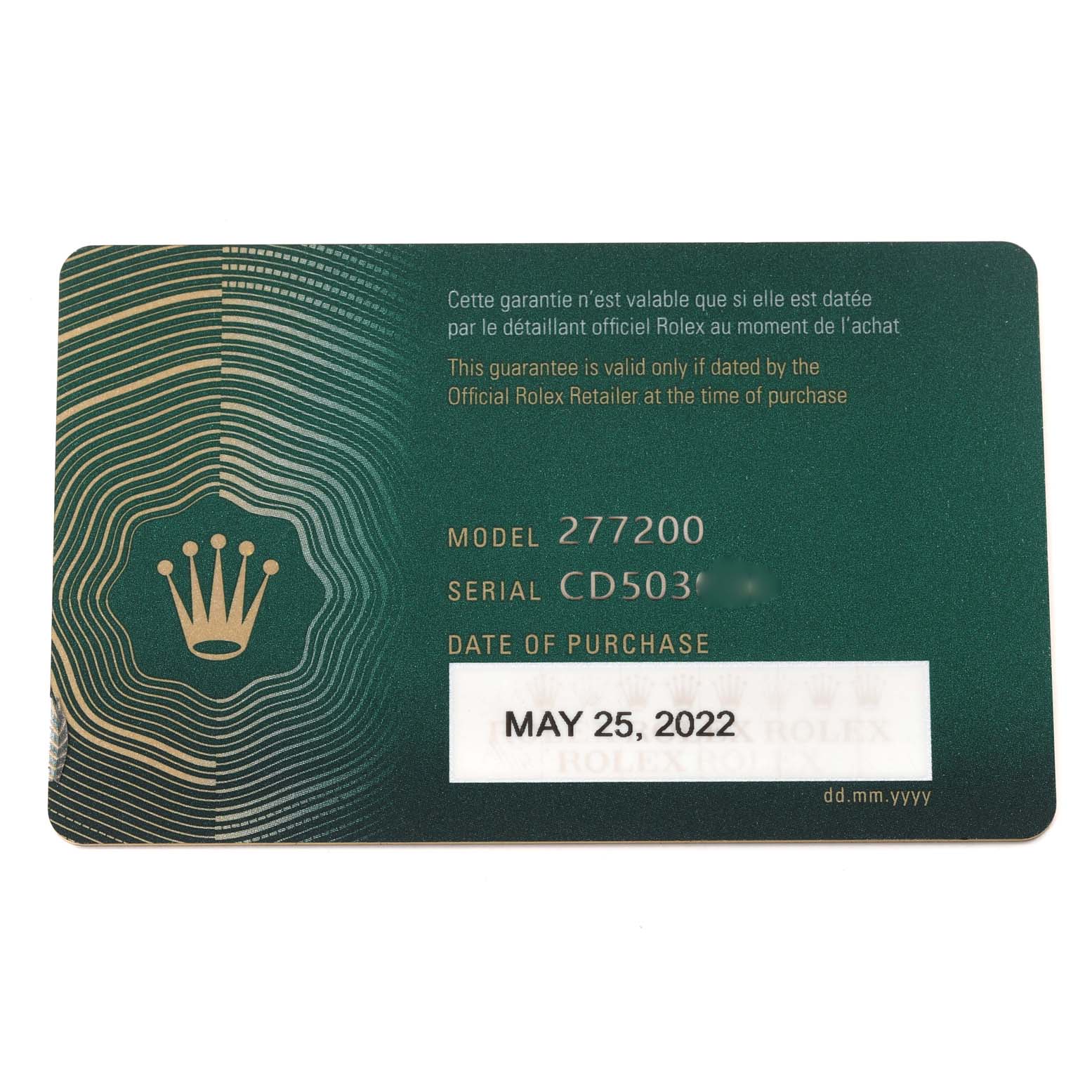 This is a warranty card for a Mid-Size Rolex model 277200, showing the model, serial number, and date of purchase.