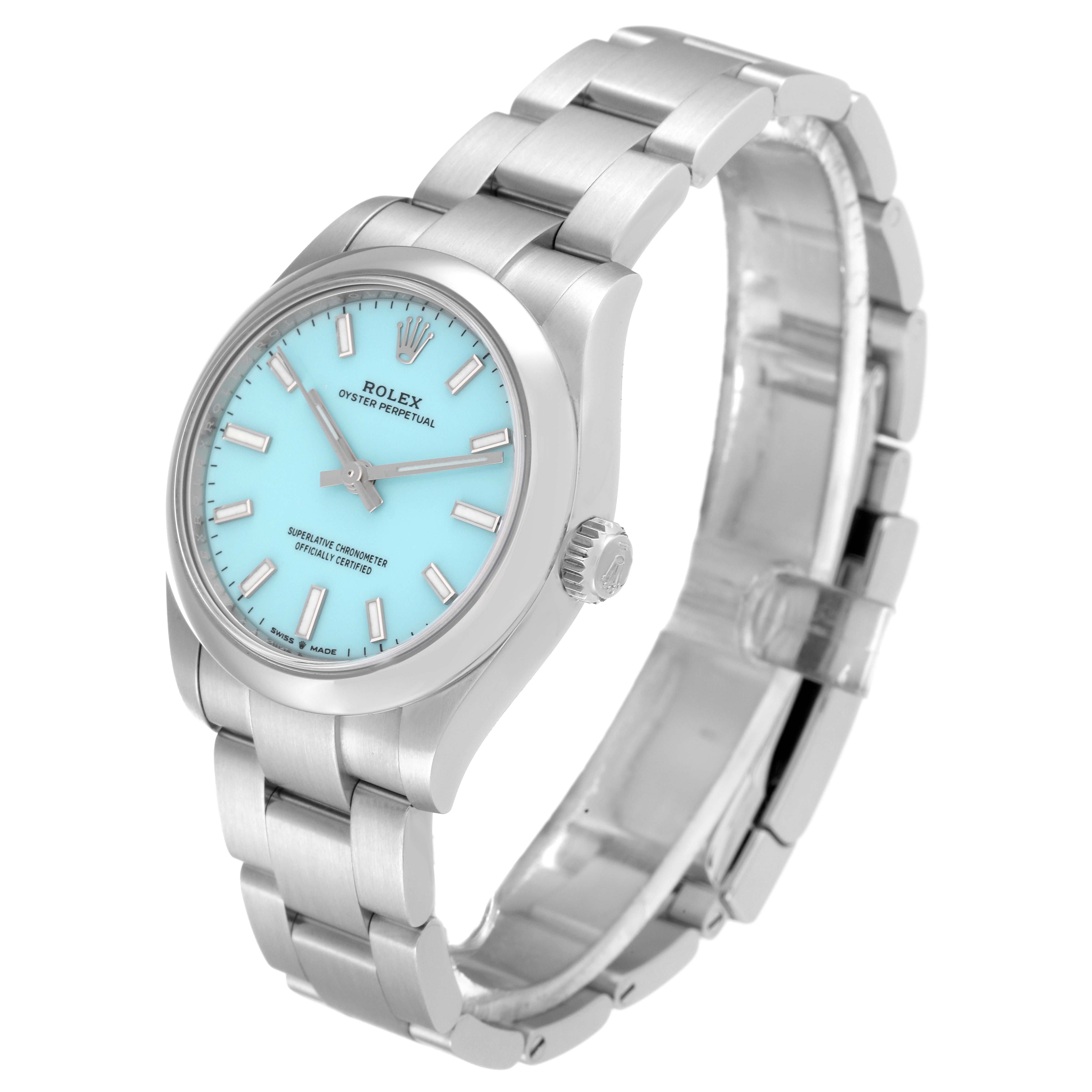 The Rolex Mid-Size 277200 Women's Stainless Steel Blue Dial 277200 Women's Stainless Steel Blue Dial watch is shown at a slight angle from above, displaying the face, bezel, case, and bracelet.