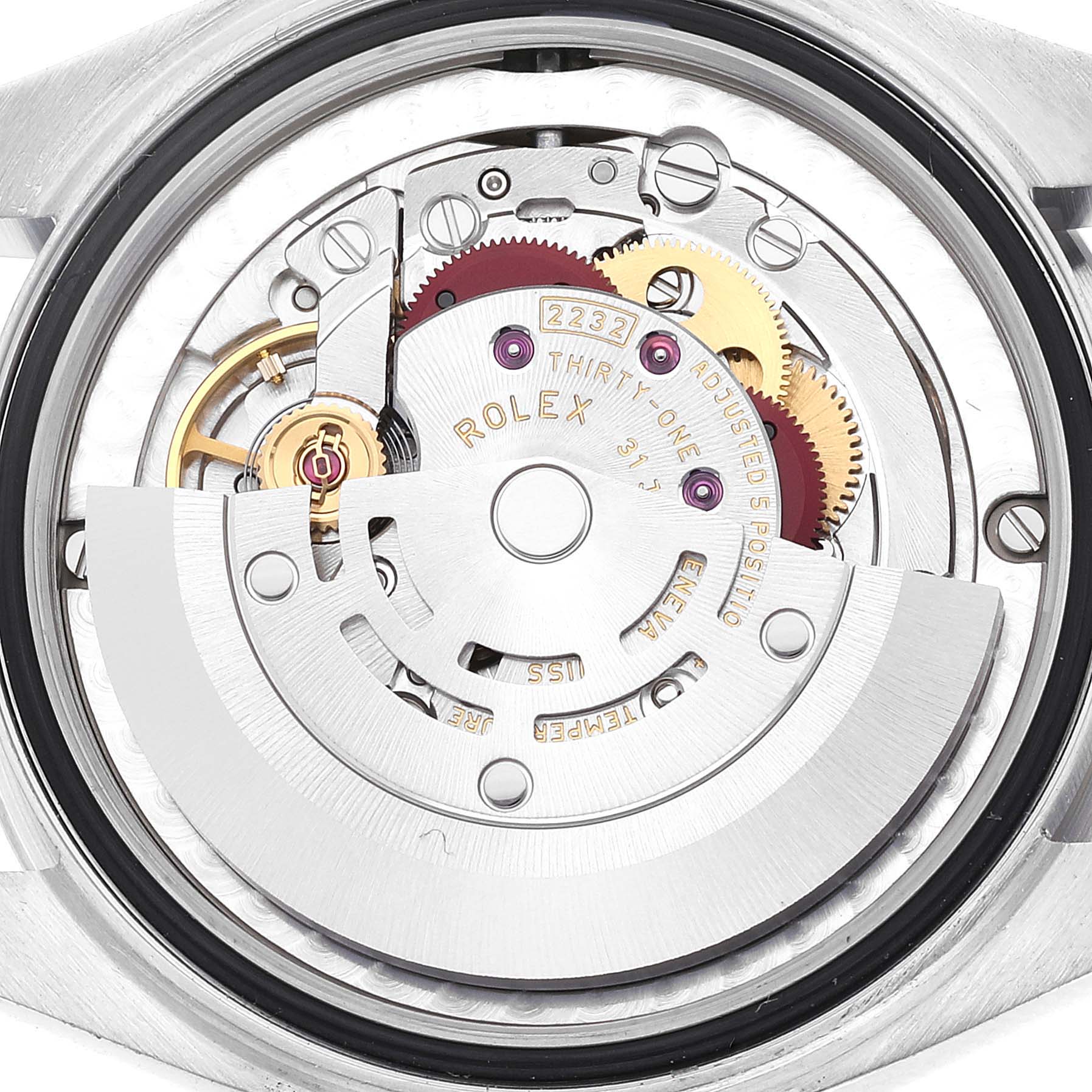 The image shows the intricate inner workings of a Rolex Mid-Size 277200 Women's Stainless Steel Blue Dial 277200 Women's Stainless Steel Blue Dial model watch from a back view.