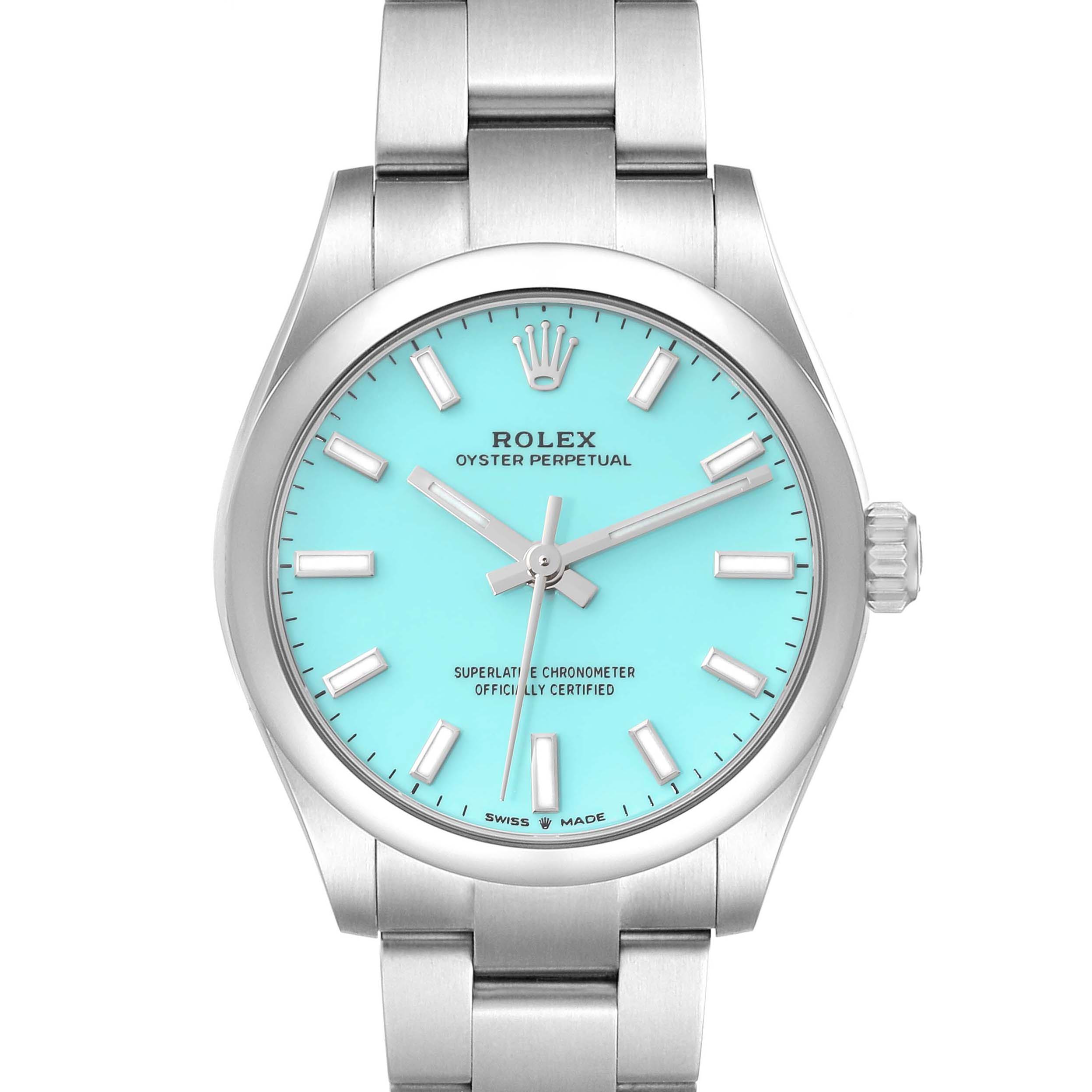 This Rolex Oyster Perpetual Mid-Size watch is shown from the front, displaying its turquoise dial and stainless steel bracelet.