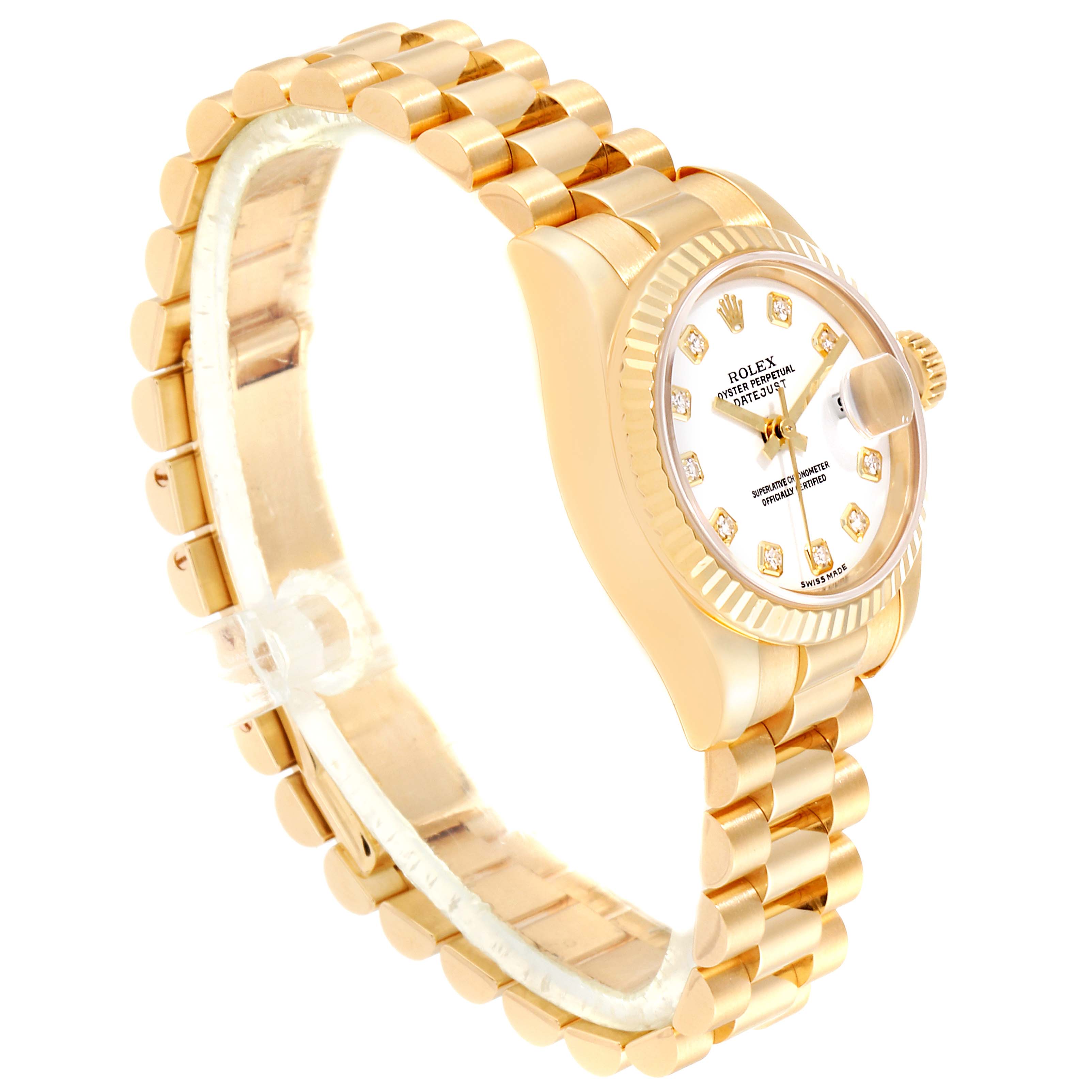 The image shows a Rolex President 179178 Women's Yellow Gold White Dial 179178 Women's Yellow Gold White Dial model watch from a slight side angle, highlighting the bracelet, case, and dial.