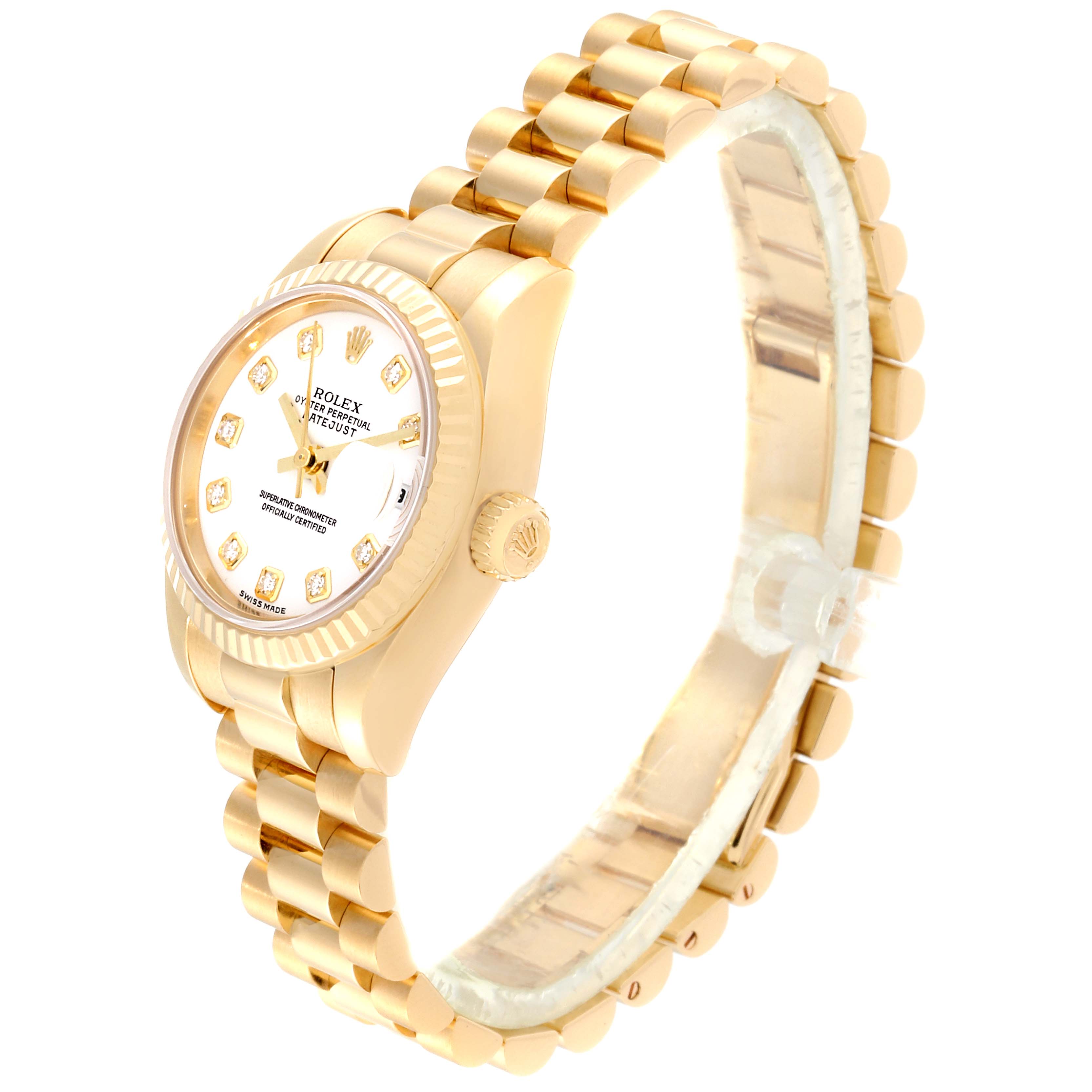 The Rolex President 179178 Women's Yellow Gold White Dial 179178 Women's Yellow Gold White Dial model watch is shown at a slight angle, highlighting the dial, bezel, crown, and bracelet.