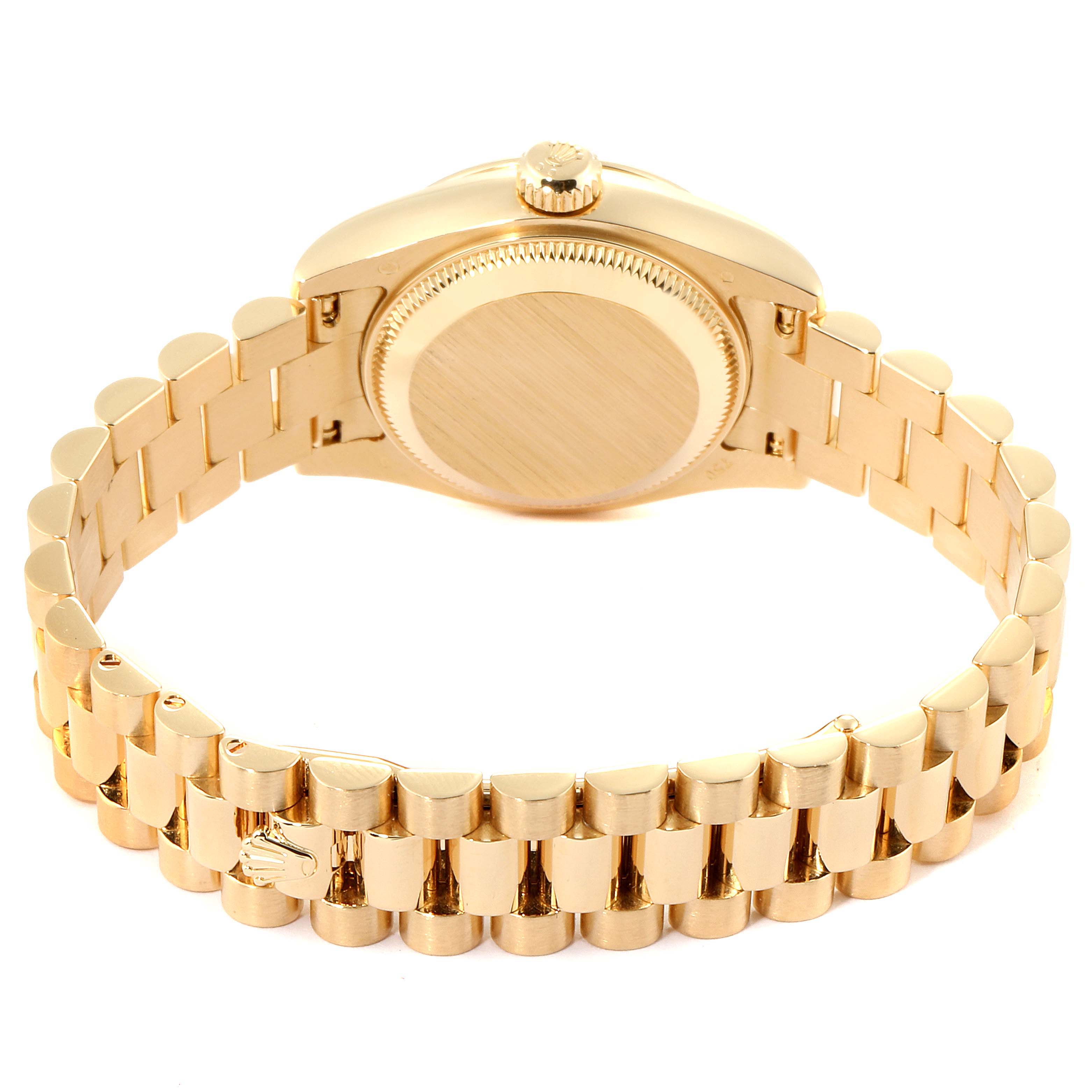 This image shows the back case and bracelet clasp of a Rolex President 179178 Women's Yellow Gold White Dial 179178 Women's Yellow Gold White Dial model watch.