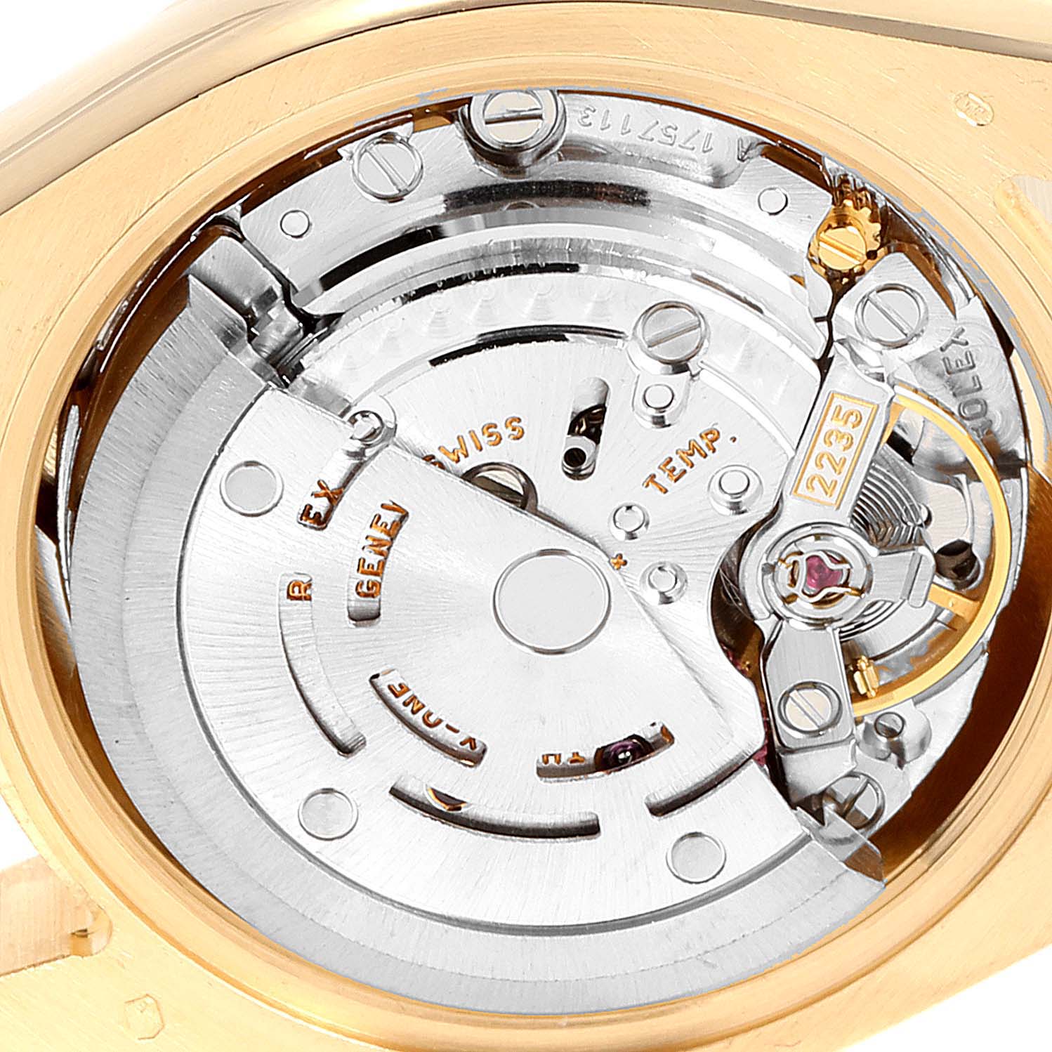 The image shows the internal movement mechanism of a Rolex President 179178 Women's Yellow Gold White Dial 179178 Women's Yellow Gold White Dial model watch from a close-up angle.