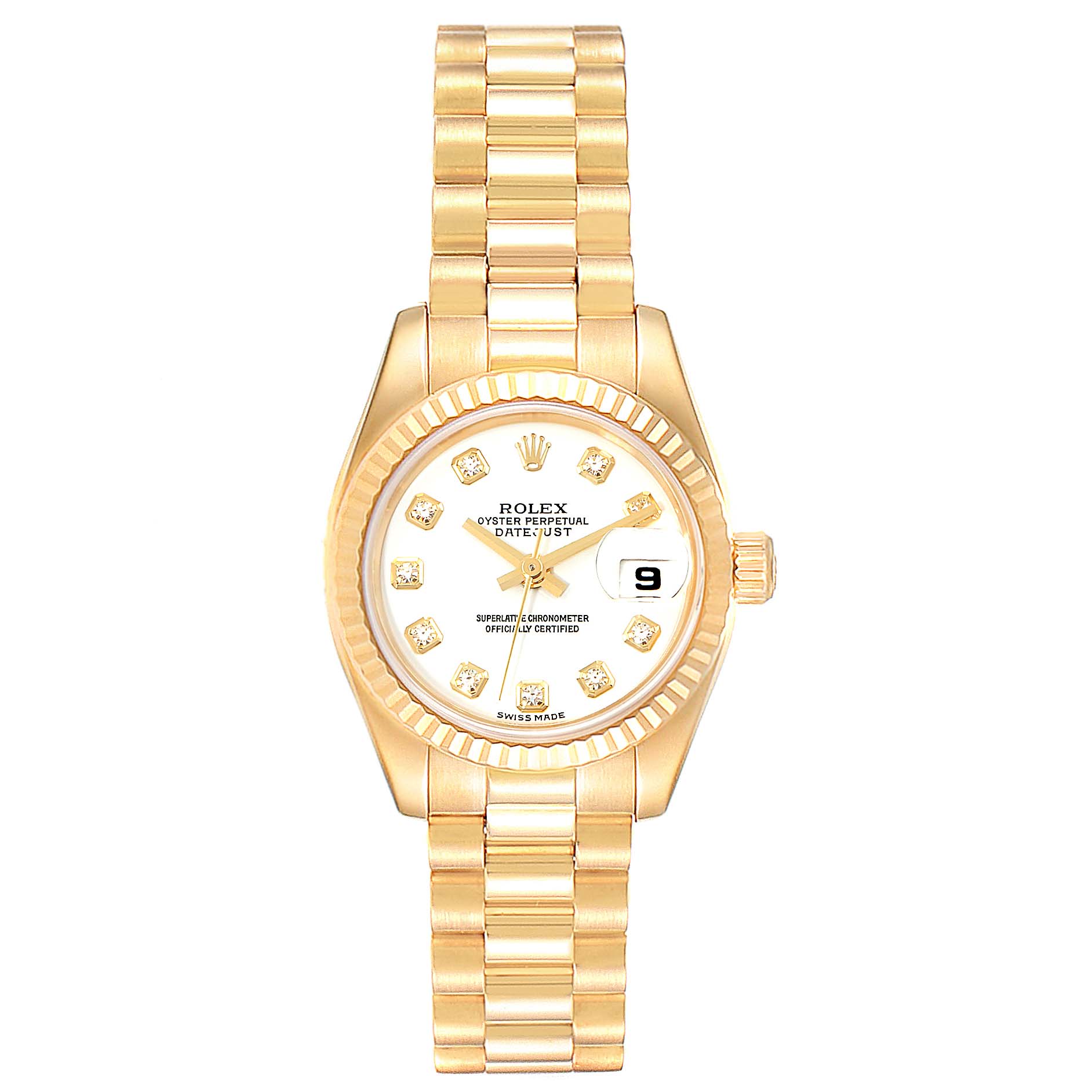 The image shows a Rolex President 179178 Women's Yellow Gold White Dial 179178 Women's Yellow Gold White Dial model watch in a front view, highlighting its gold case, bracelet, and dial with date display.