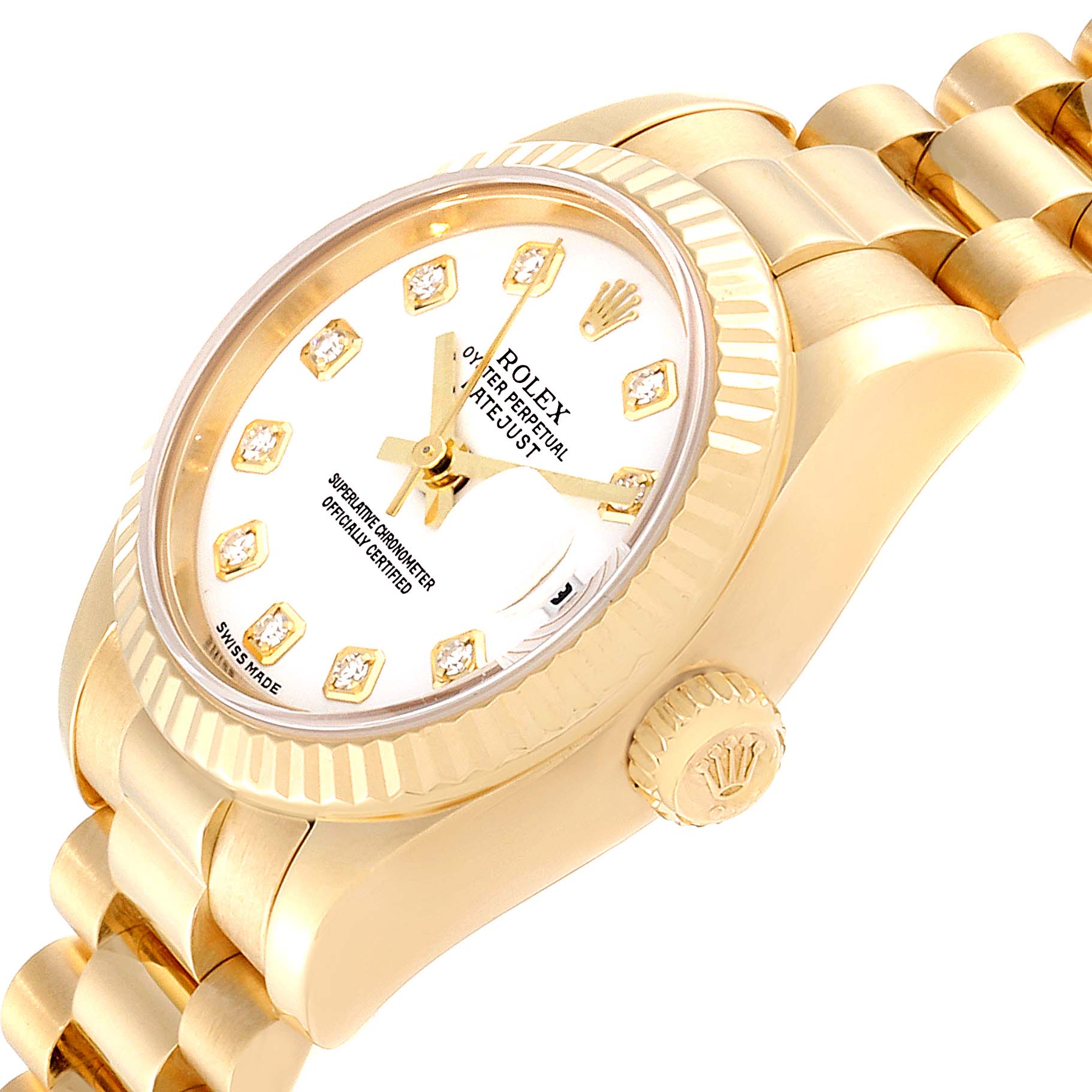 The image shows a Rolex President 179178 Women's Yellow Gold White Dial 179178 Women's Yellow Gold White Dial model watch from an oblique angle, highlighting the face, bezel, crown, and part of the bracelet.