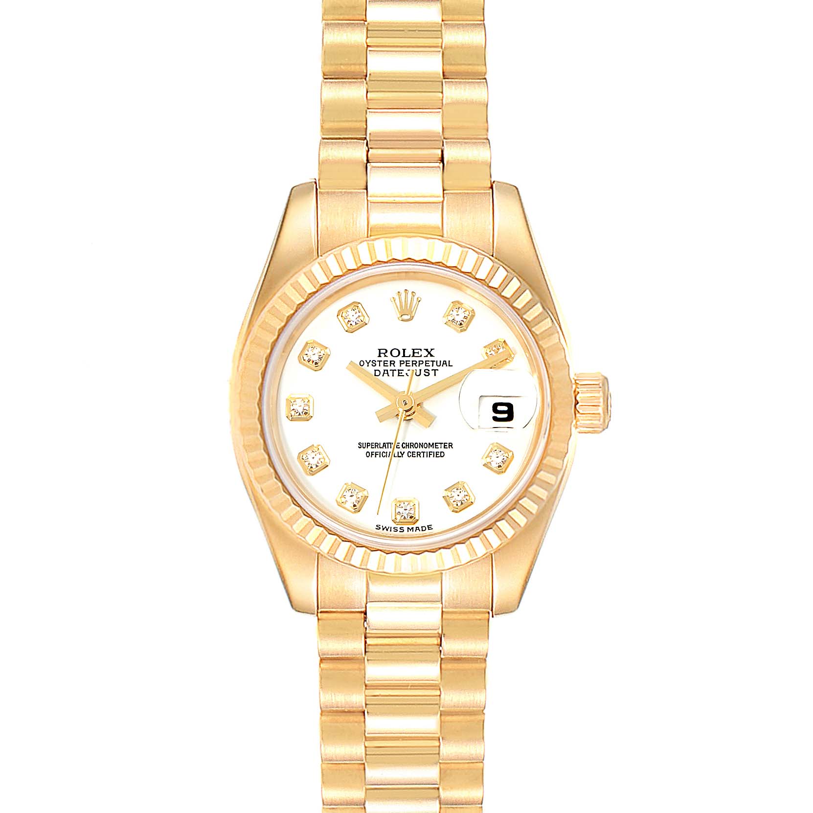 This image shows a front view of the Rolex President 179178 Women's Yellow Gold White Dial 179178 Women's Yellow Gold White Dial model watch, highlighting its gold case, bracelet, diamond markers, and date feature.