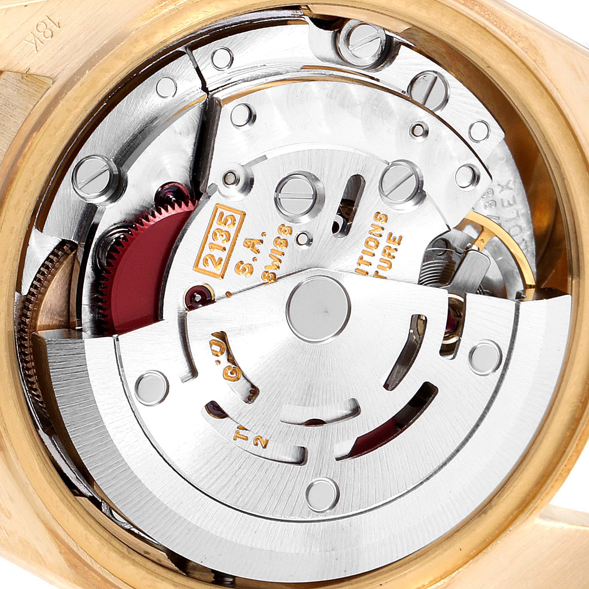 This close-up view shows the intricate internal mechanics of a Rolex President 69178 Women
s Yellow Gold Blue Dial 69178 Women
s Yellow Gold Blue Dial model watch.