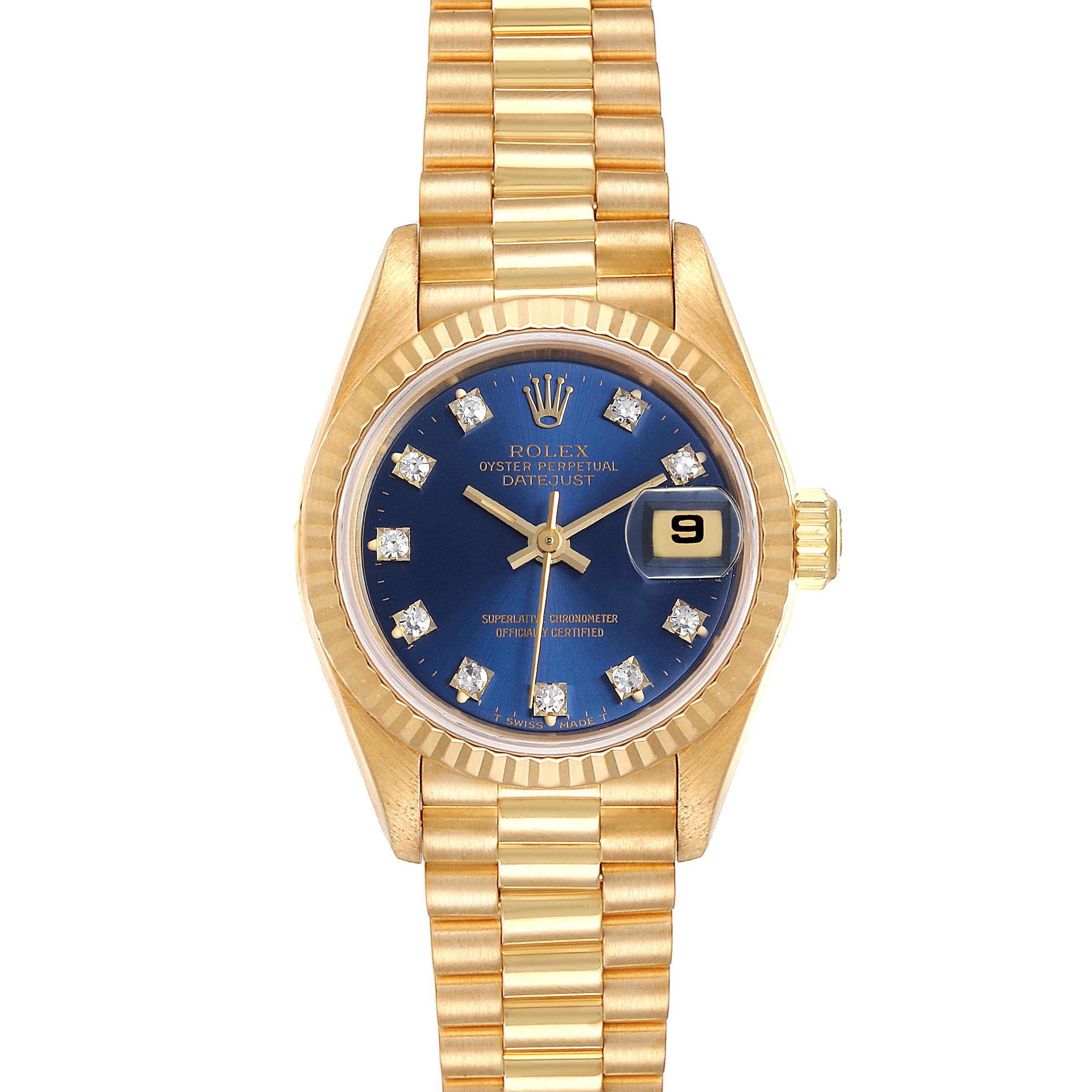 The image shows a front view of the Rolex President 69178 Women
s Yellow Gold Blue Dial 69178 Women
s Yellow Gold Blue Dial model watch, highlighting its gold band, blue dial, and diamond hour markers.