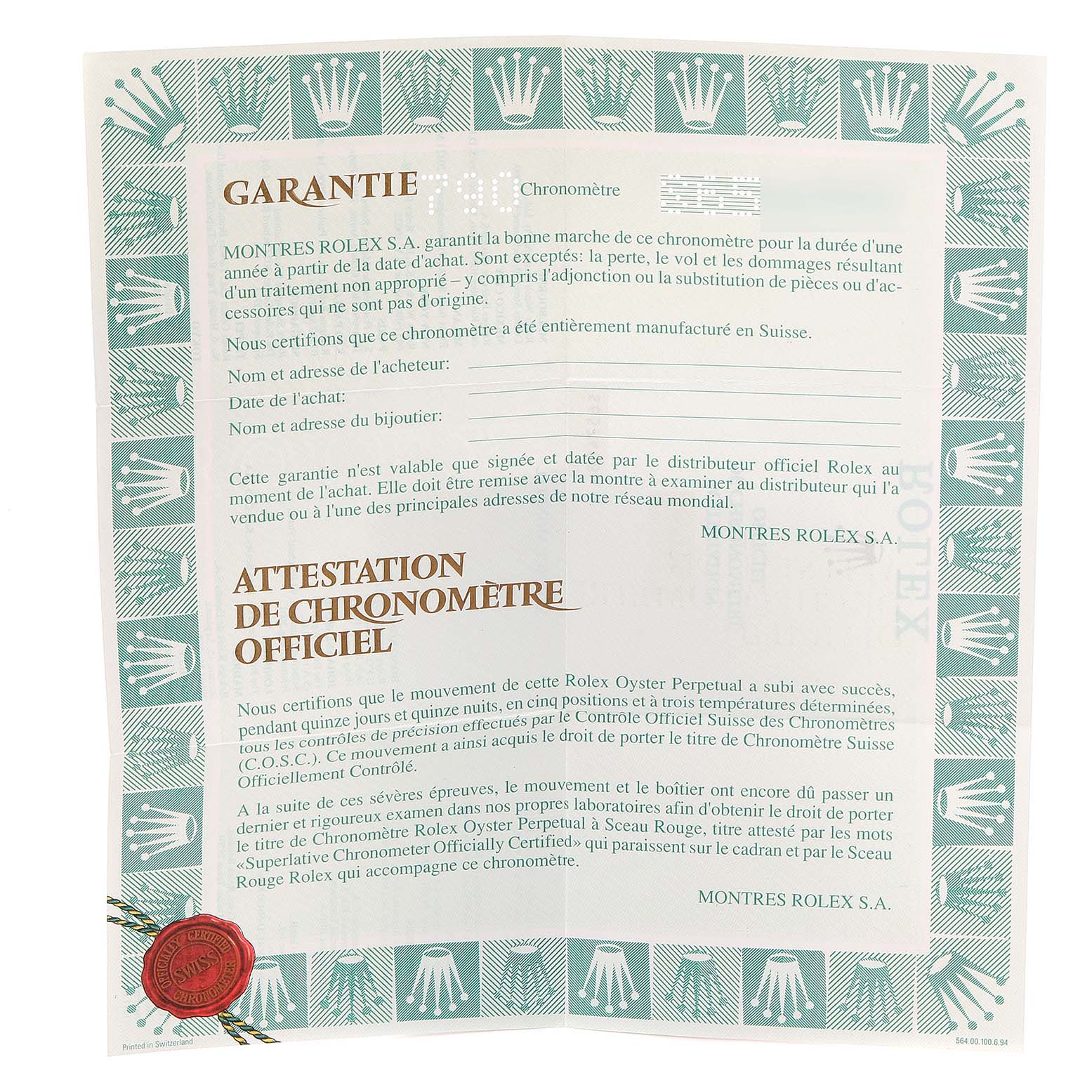 The image shows a warranty and chronometer certification document for a Rolex President 69178 Women
s Yellow Gold Blue Dial 69178 Women
s Yellow Gold Blue Dial model watch.