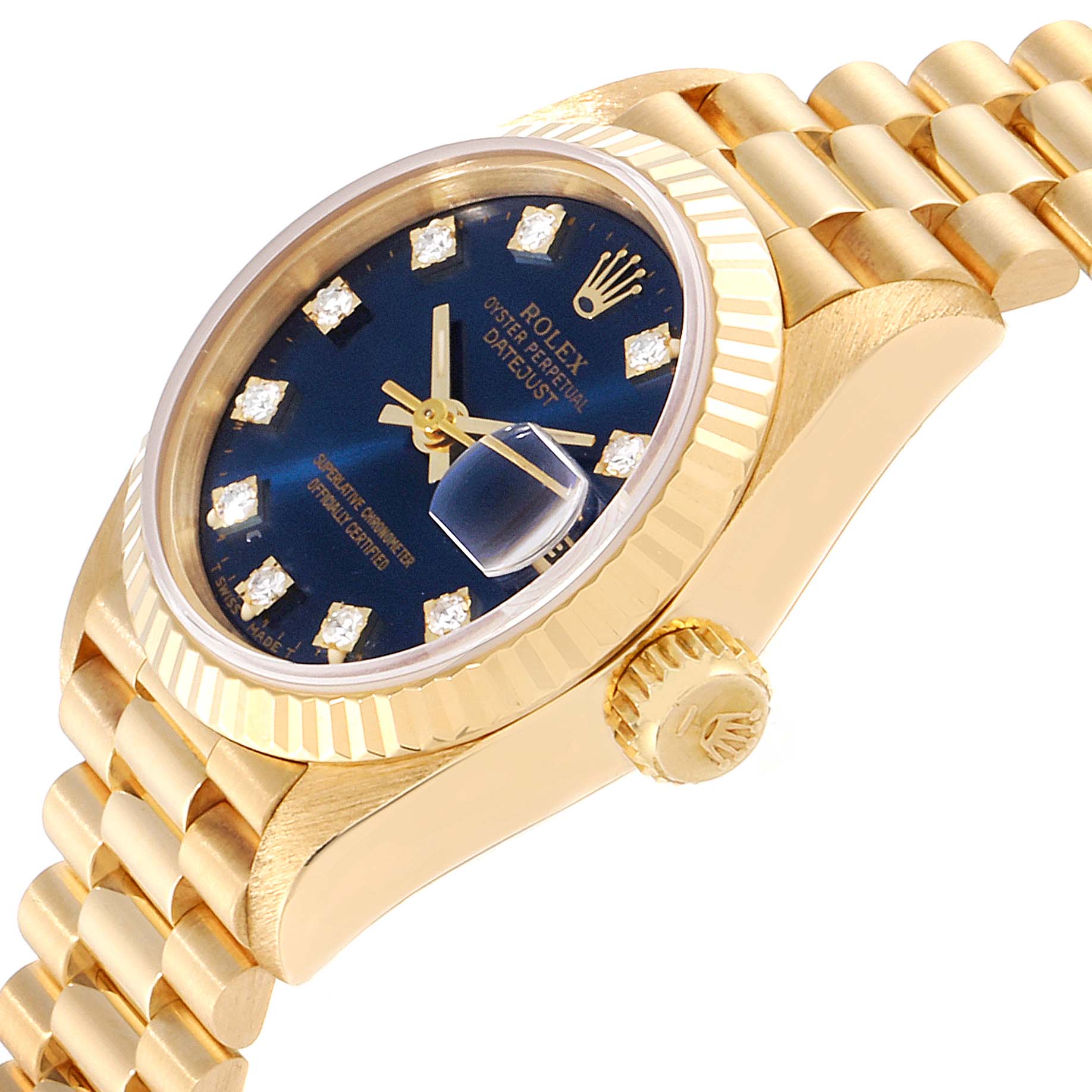 The image shows a close-up of the Rolex President 69178 Women
s Yellow Gold Blue Dial 69178 Women
s Yellow Gold Blue Dial model watch angle highlighting the bezel, crown, bracelet, and part of the dial.
