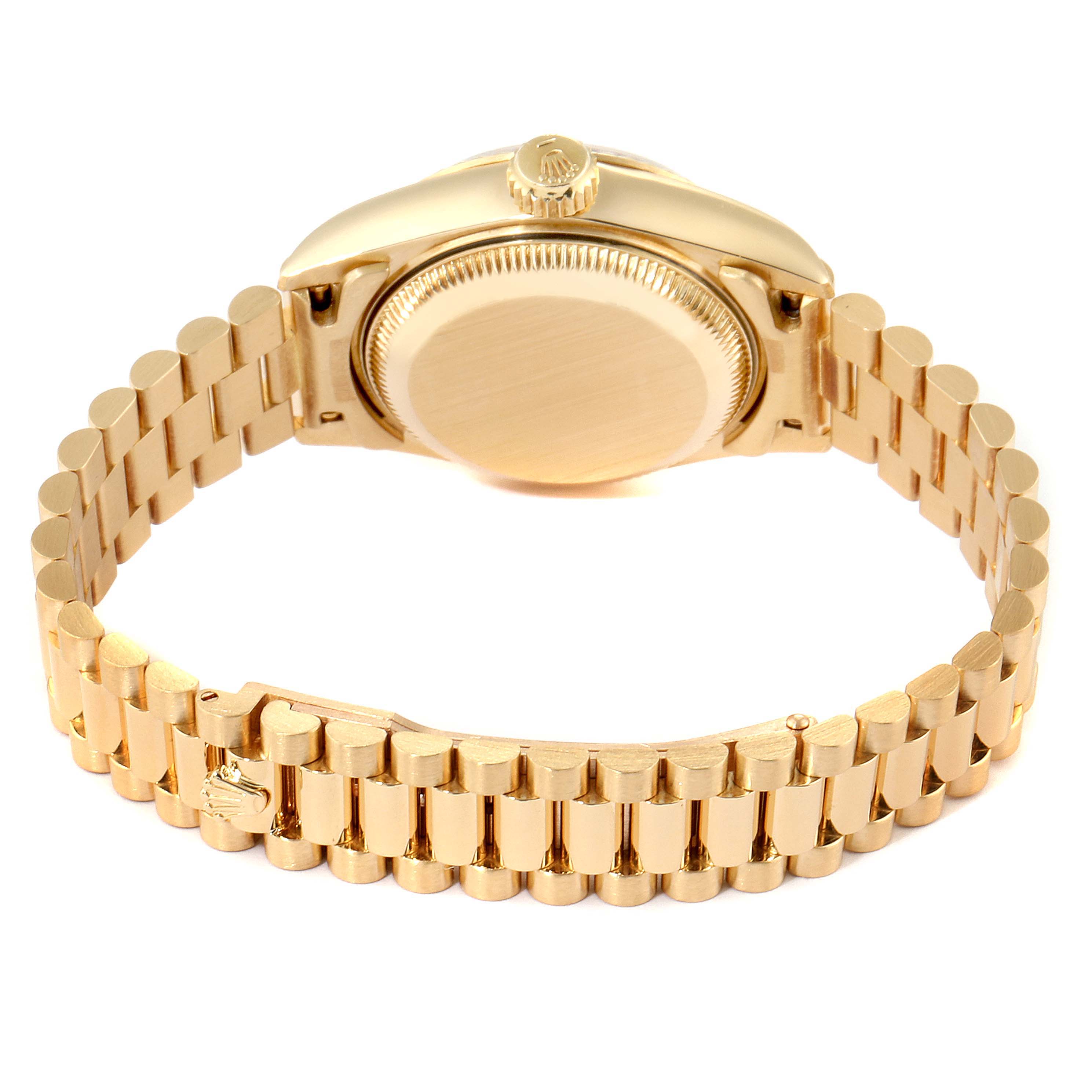 The image shows the back case and the bracelet of a Rolex President 69178 Women
s Yellow Gold Blue Dial 69178 Women
s Yellow Gold Blue Dial model watch at an angle.