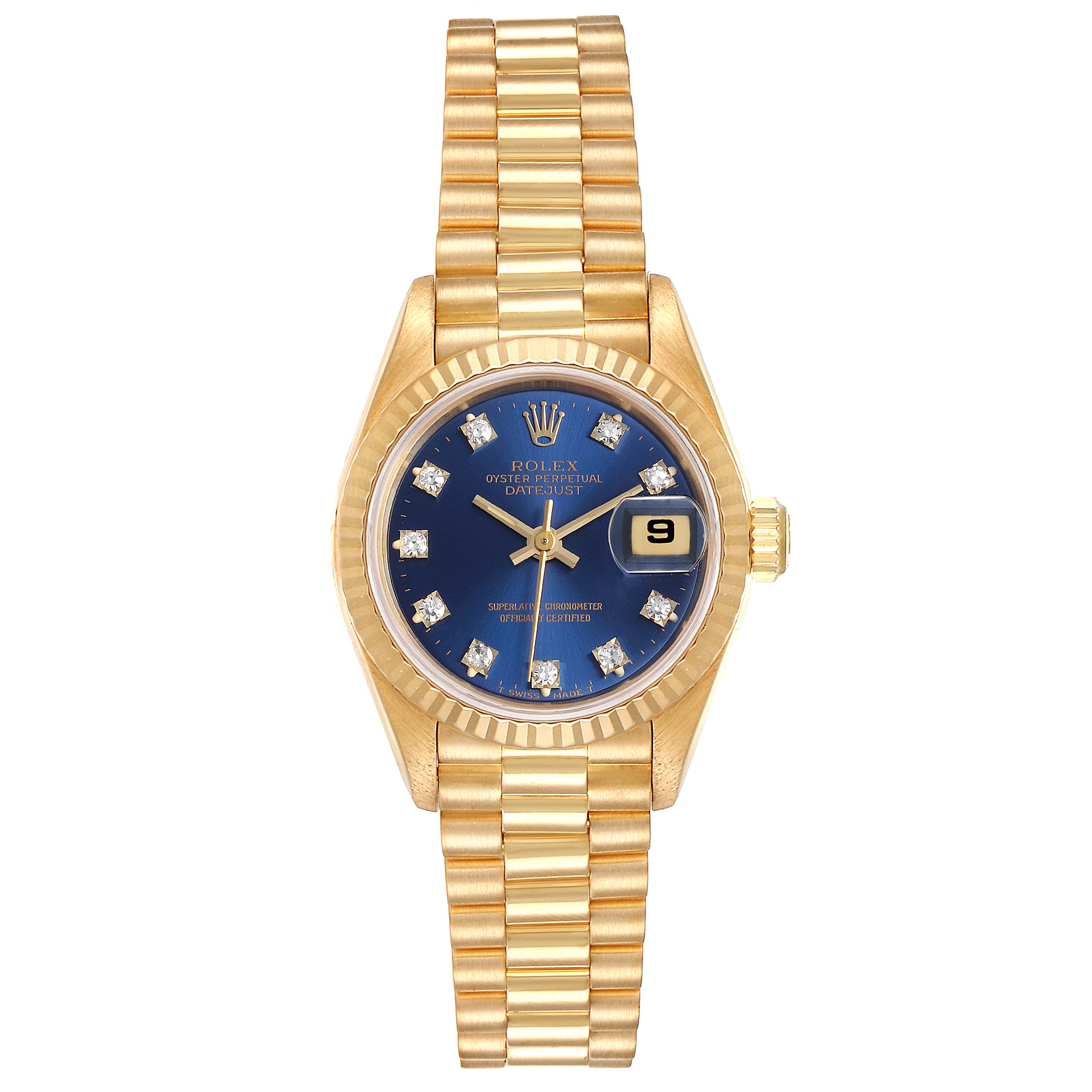 This image shows the front view of a Rolex President 69178 Women
s Yellow Gold Blue Dial 69178 Women
s Yellow Gold Blue Dial model watch, featuring a gold band and blue dial with diamond markers.
