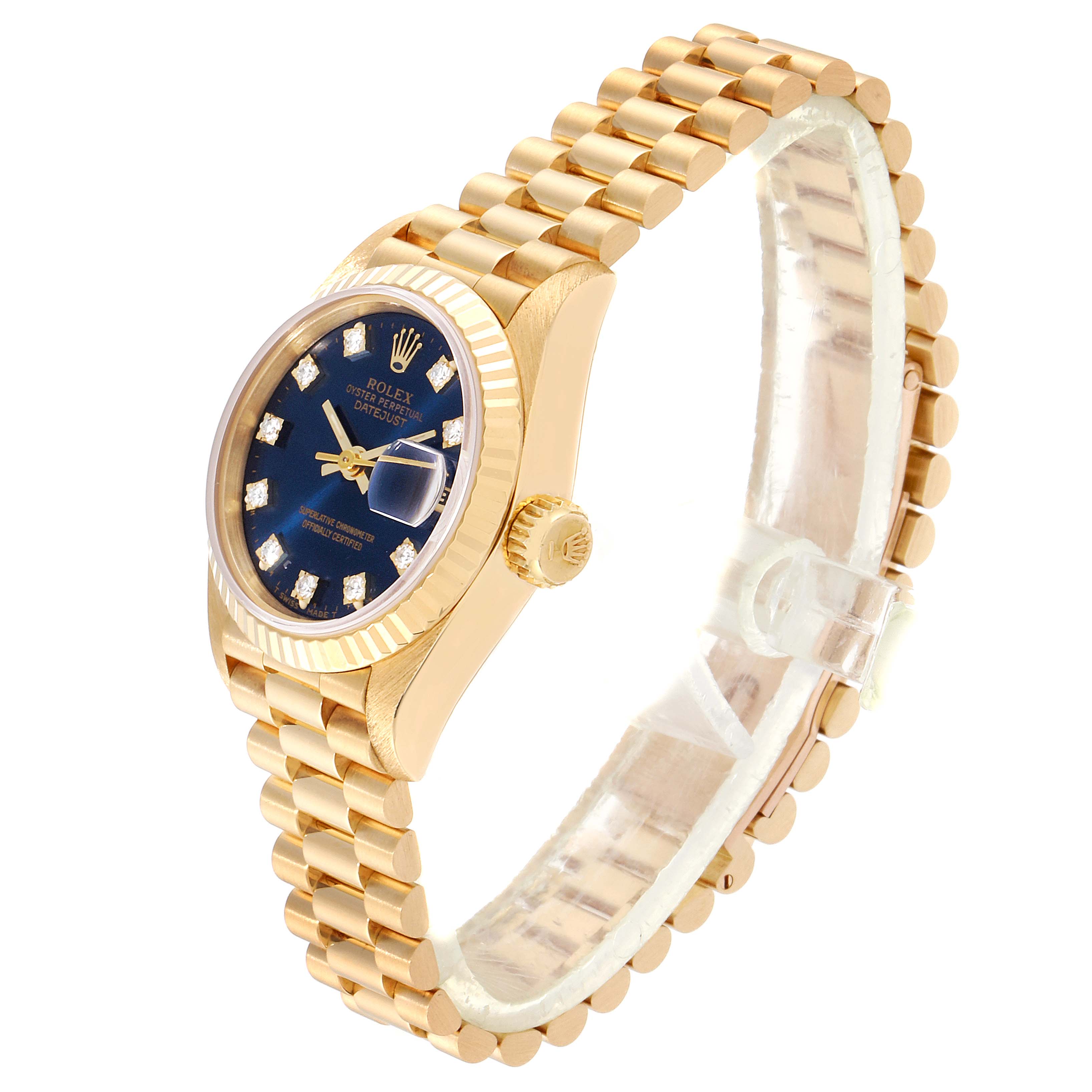 The Rolex President 69178 Women
s Yellow Gold Blue Dial 69178 Women
s Yellow Gold Blue Dial model watch is shown at a three-quarter angle featuring the face, bezel, crown, and part of the bracelet.