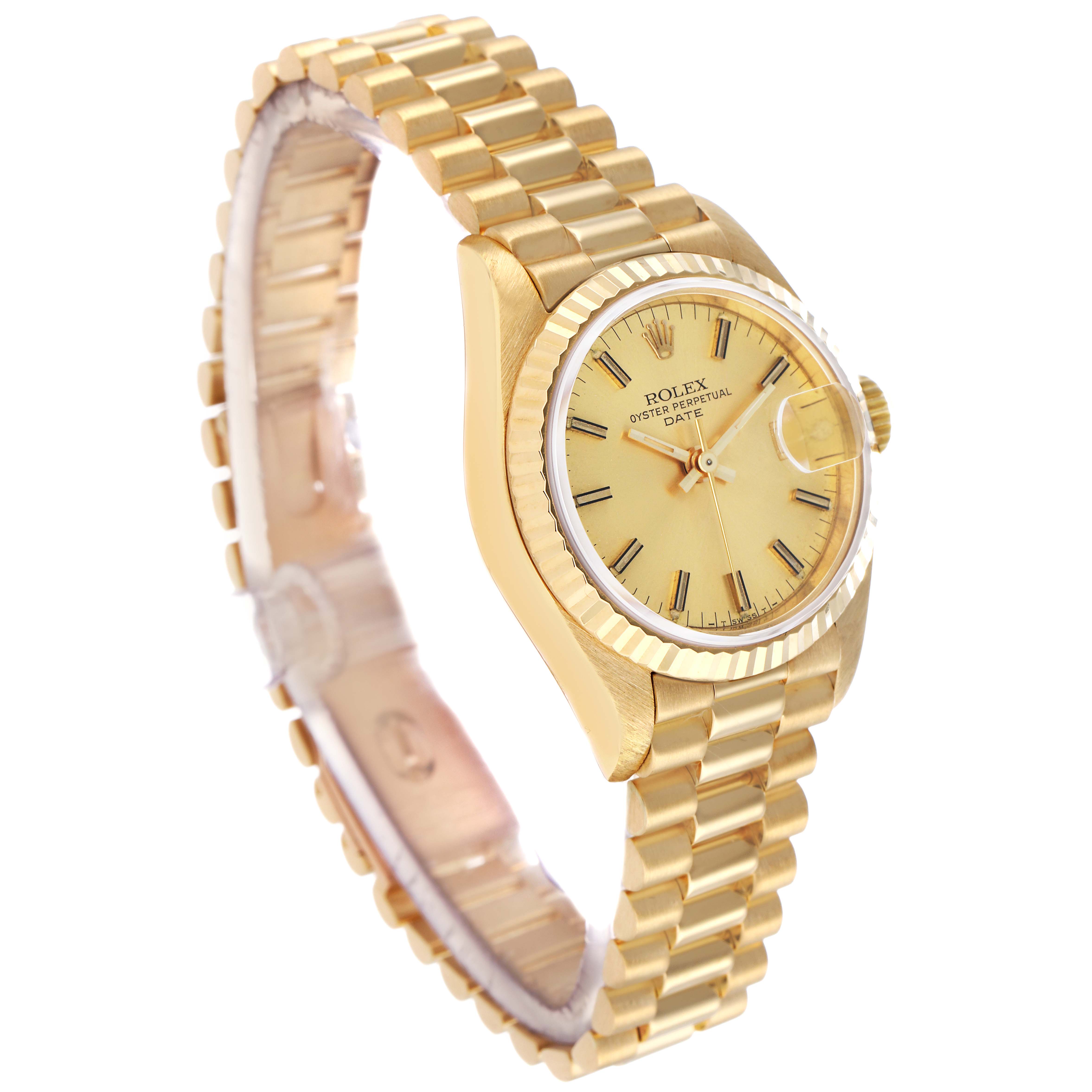 The Rolex President 69178 Women's Yellow Gold Champagne Dial model is shown at a three-quarter angle, highlighting its dial, bezel, and bracelet.
