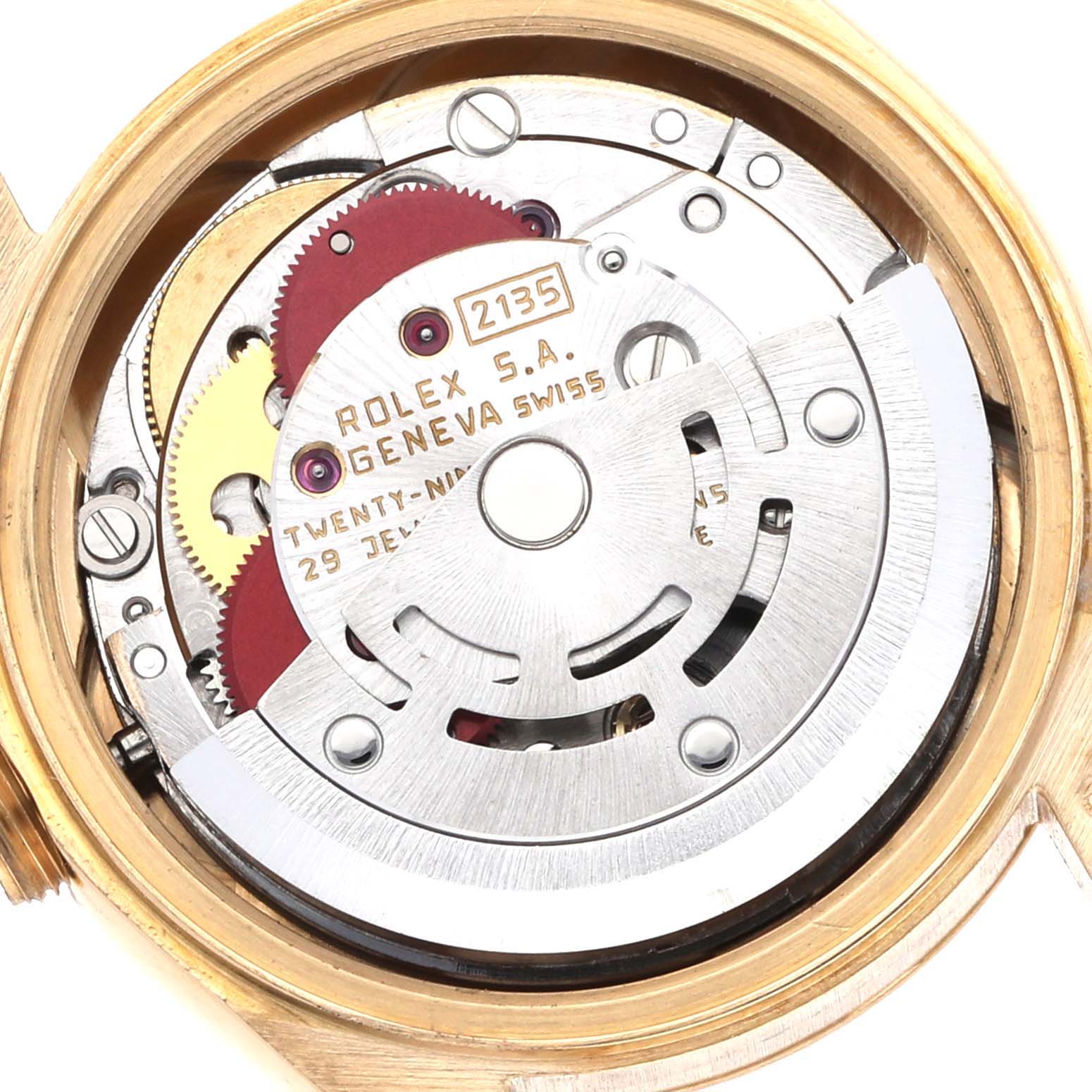 The image shows the internal mechanism of a Rolex President 69178 Women's Yellow Gold Champagne Dial model, focusing on the rotor and gear assembly at a top-down angle.