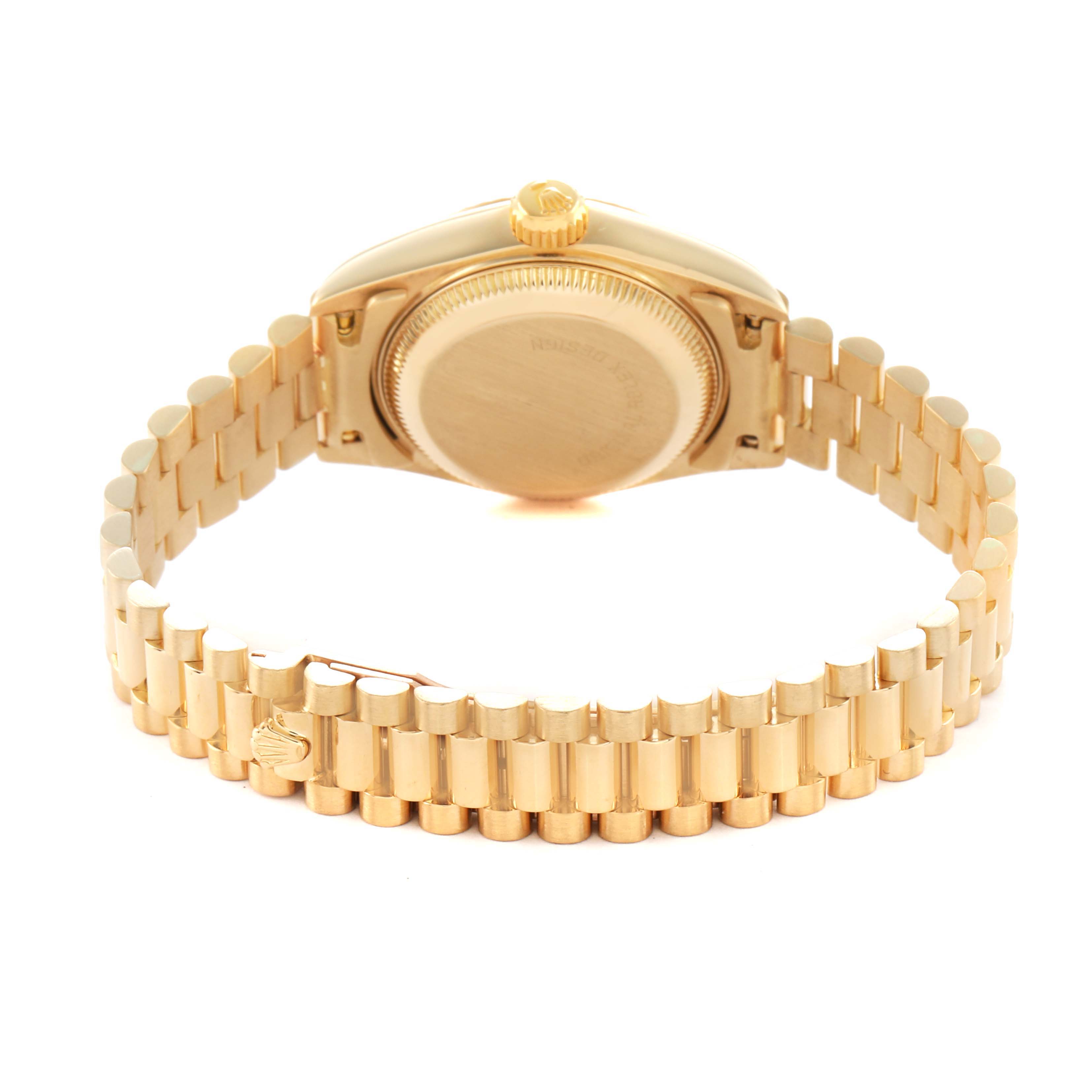 The image shows the back of a Rolex President 69178 Women's Yellow Gold Champagne Dial watch, displaying the case back, crown, and Link President bracelet.