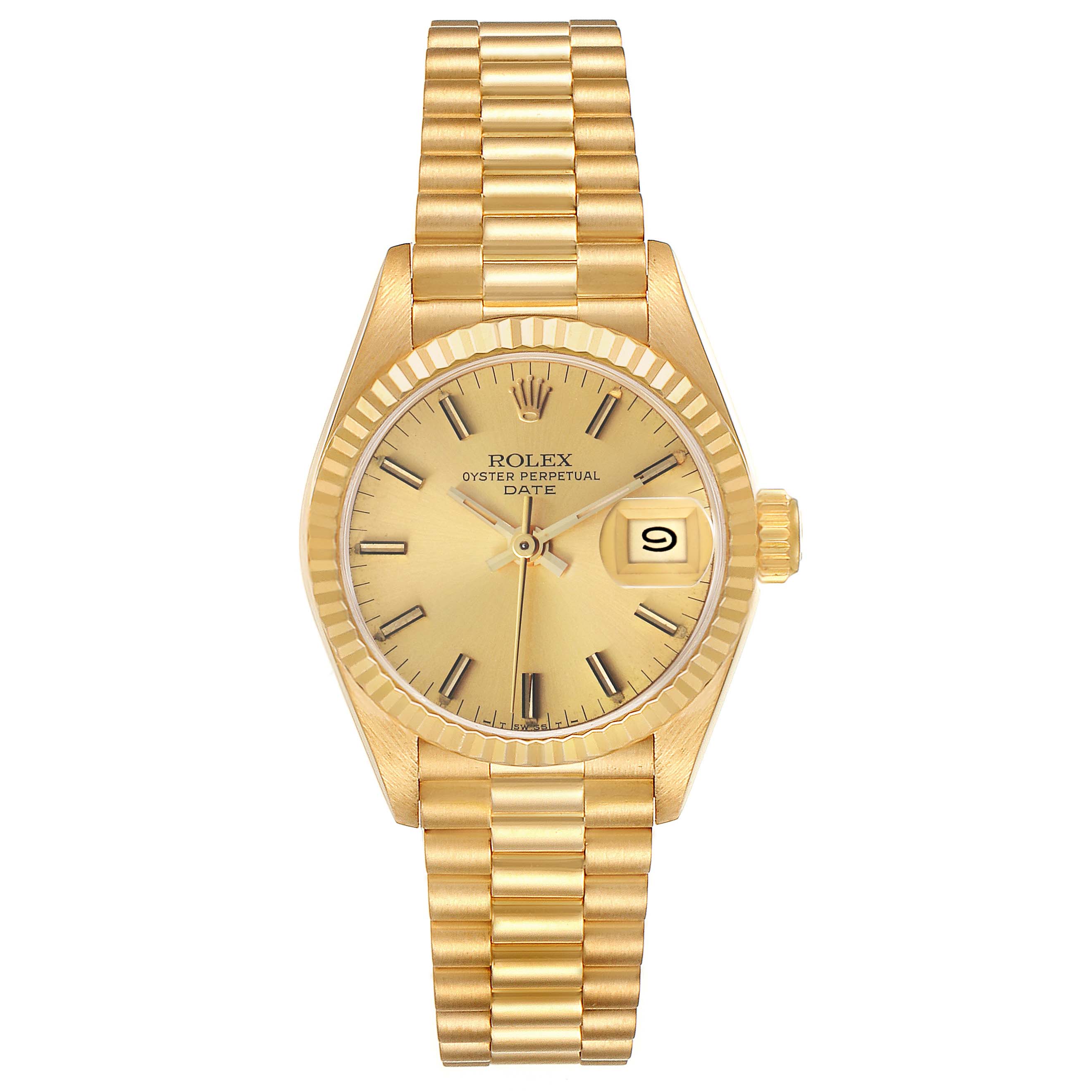 The Rolex President 69178 Women's Yellow Gold Champagne Dial model watch is shown from a top-down angle, highlighting the dial, fluted bezel, and bracelet.
