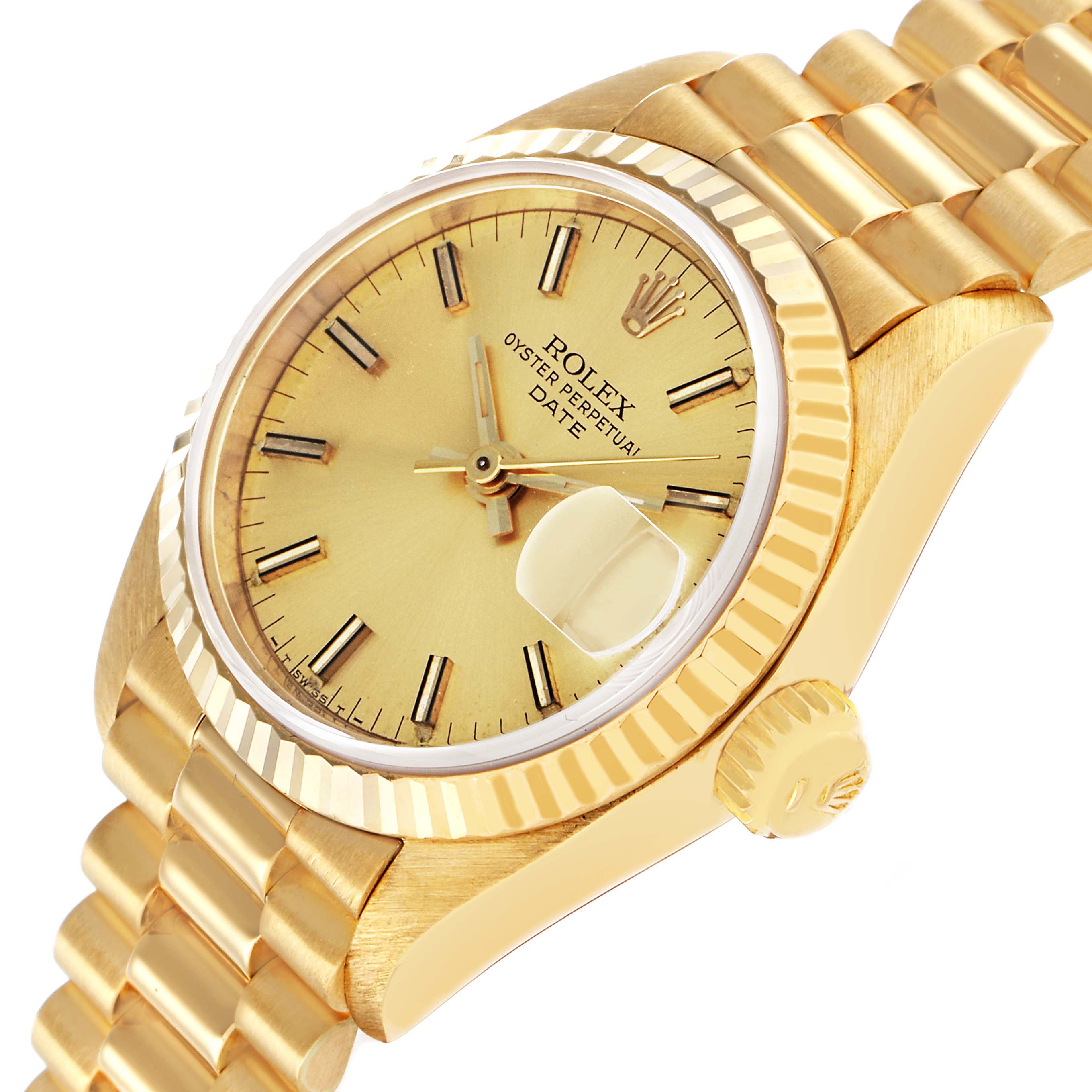 The Rolex President 69178 Women's Yellow Gold Champagne Dial model is shown at a tilted angle, featuring its gold dial, fluted bezel, and bracelet.