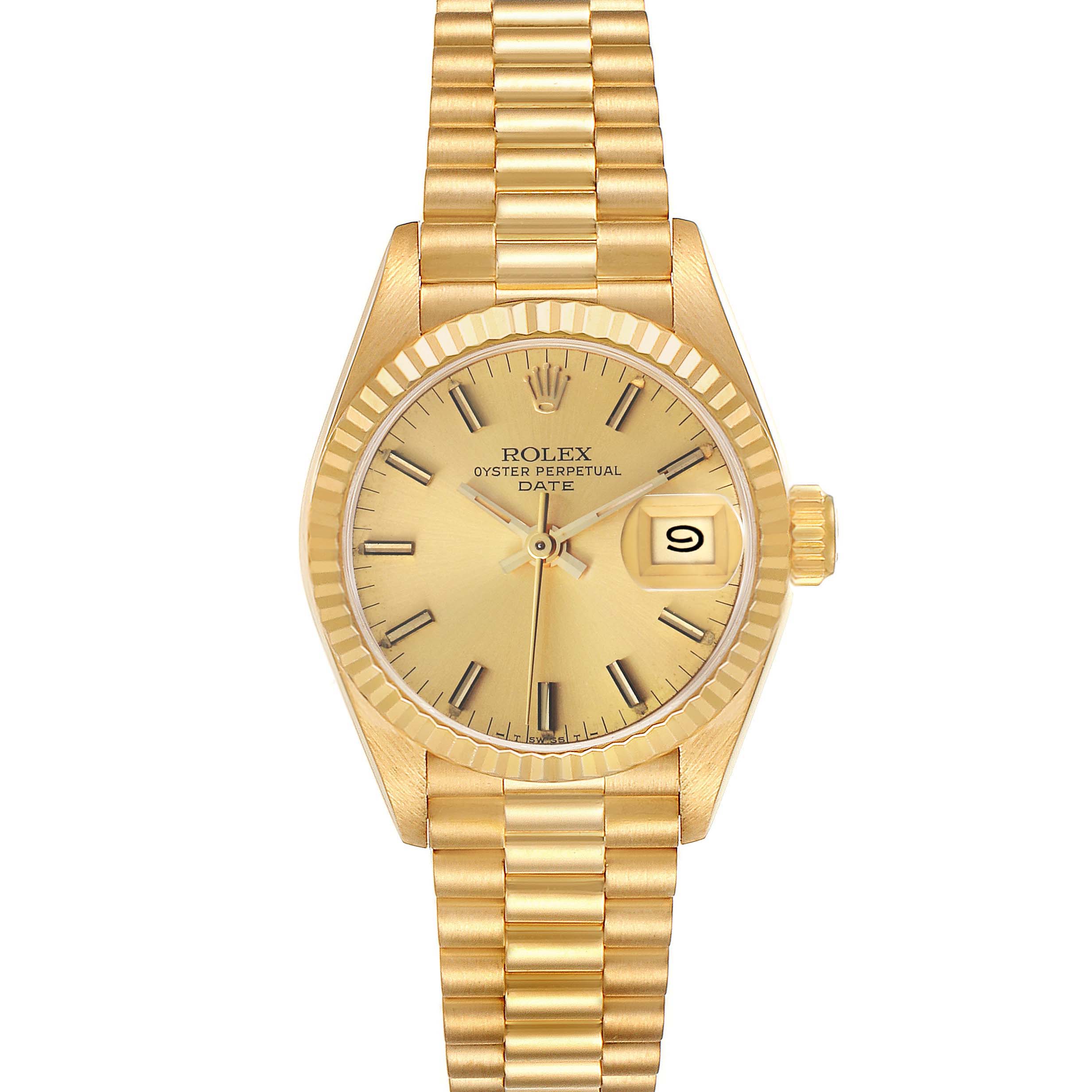 The Rolex President 69178 Women's Yellow Gold Champagne Dial model is shown from a top-down view, featuring the gold bracelet, fluted bezel, and date window.