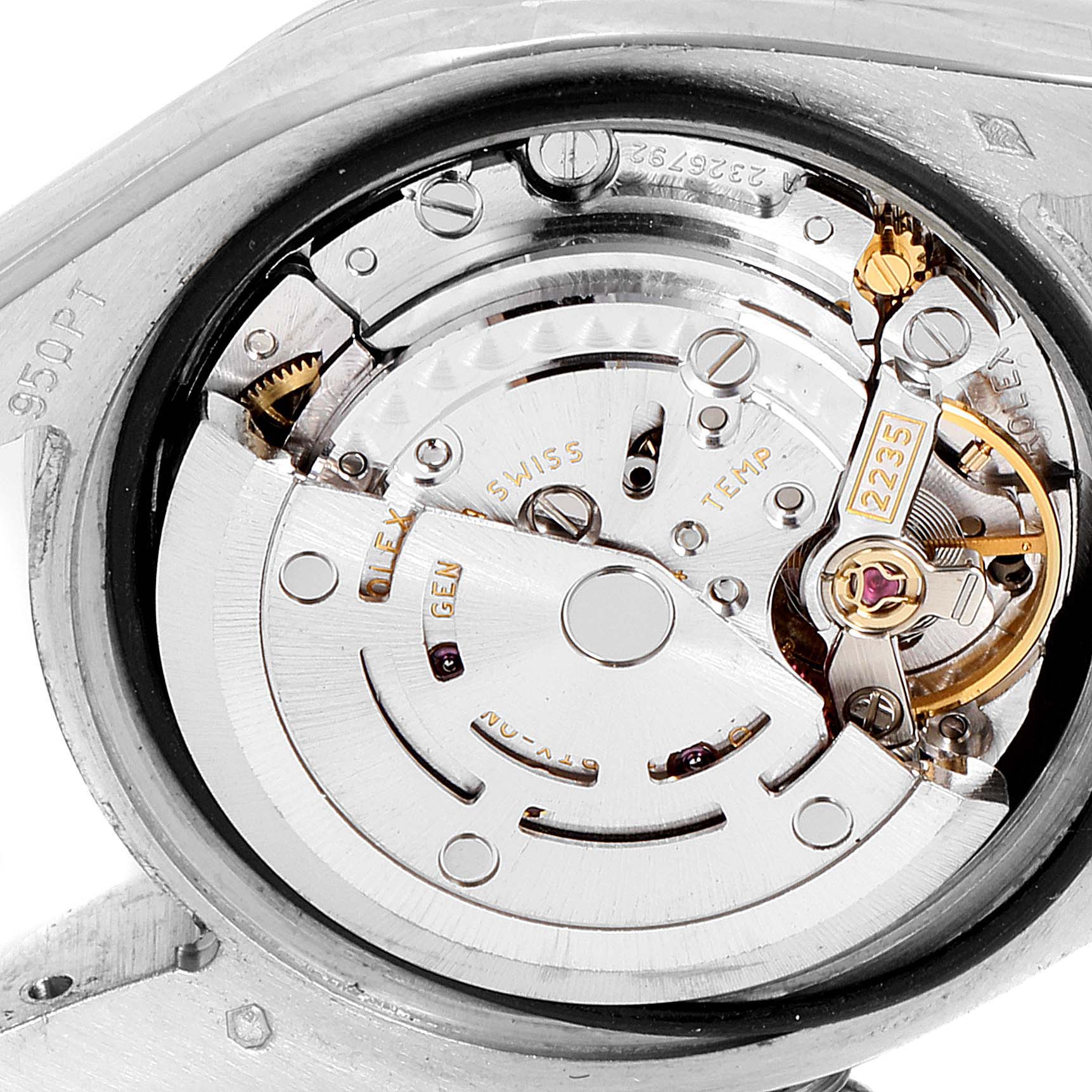 This image shows a close-up of the movement inside a Rolex President 179296 Women's Platinum Mother of Pearl Dial 179296 Women's Platinum Mother of Pearl Dial model watch, highlighting its intricate internal mechanisms.