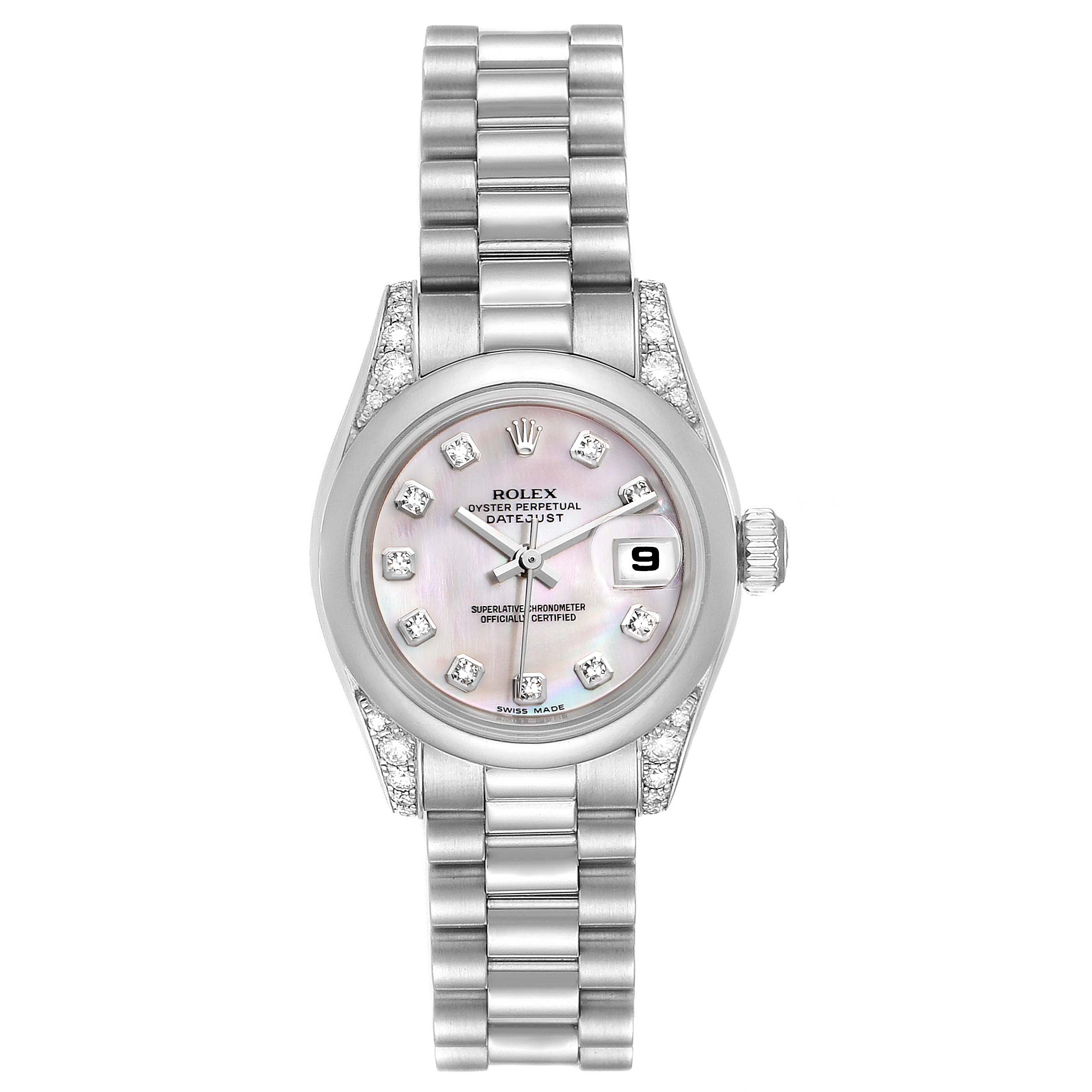 This image shows a front view of the Rolex President 179296 Women's Platinum Mother of Pearl Dial 179296 Women's Platinum Mother of Pearl Dial model watch, displaying the face, bracelet, and bezel.